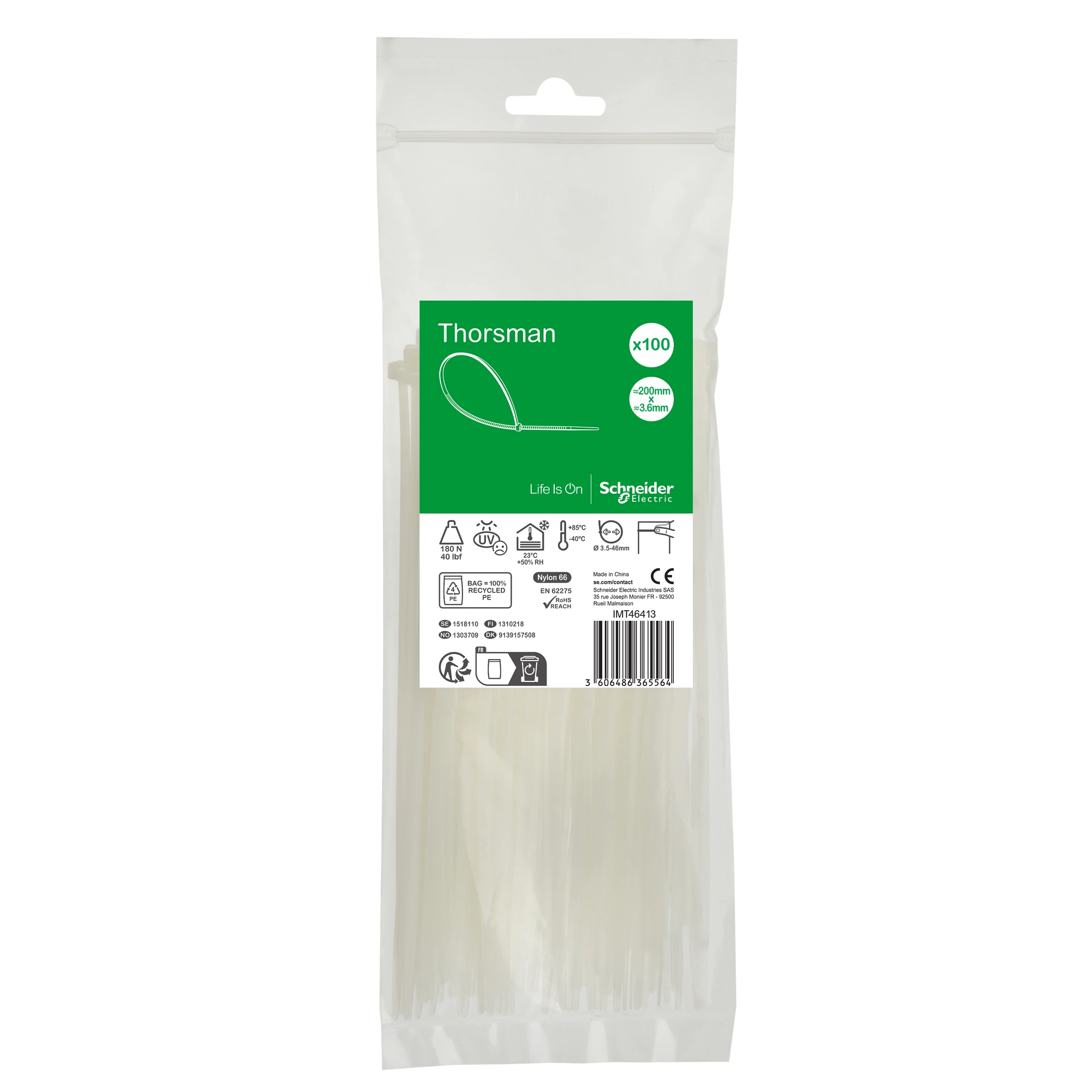 Schneider Electric IMT46413 Thorsman Cable Ties, Dimension: 200X3.6 mm, pack of 100 pieces Color: clear (img_001) Schneider Electric IMT46413 Thorsman Cable Ties, Dimension: 200X3.6 mm, pack of 100 pieces Color: clear (img_001)
