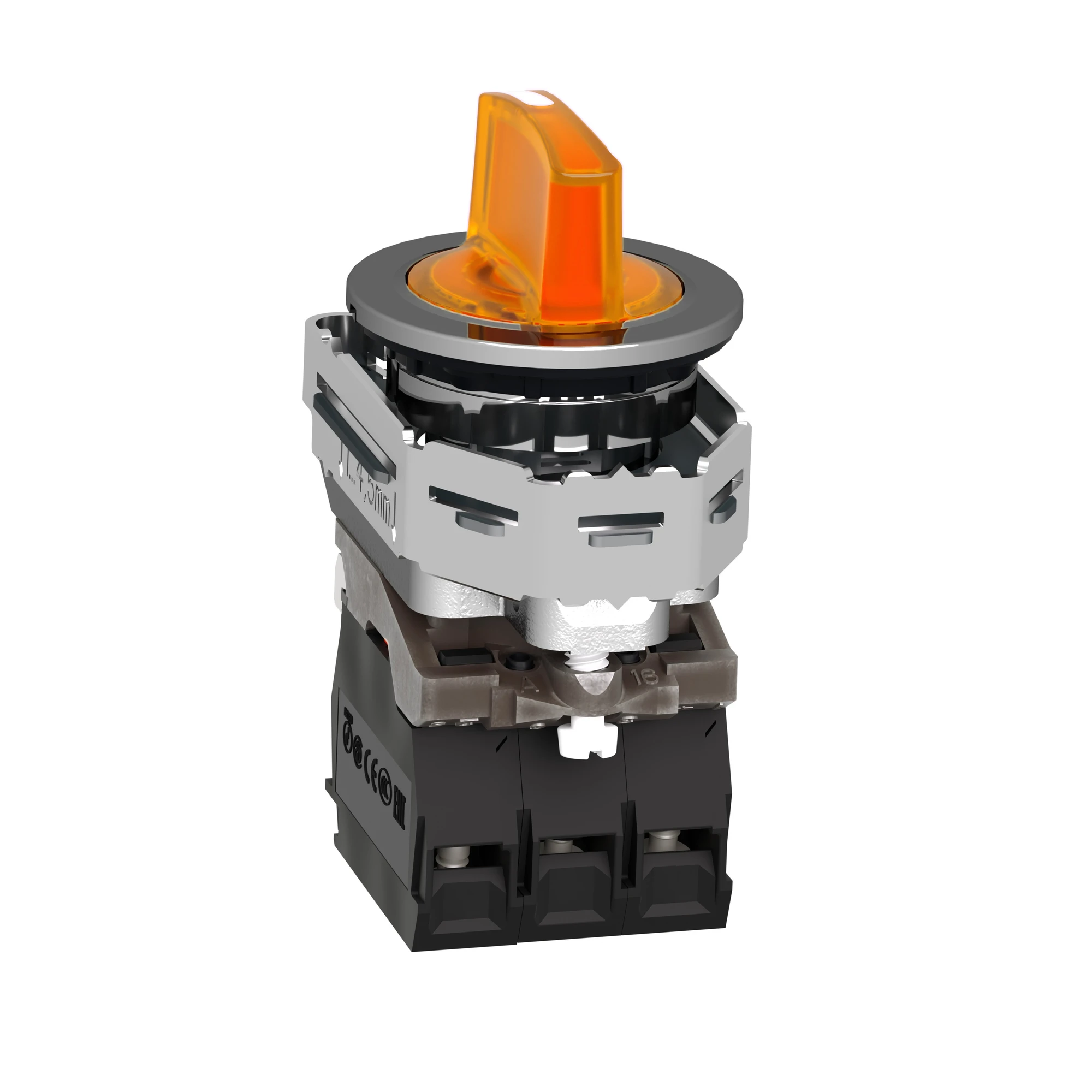 Schneider Electric XB4FK135G5 Illuminated selector switch, Harmony XB4F, metal, 30mm, orange, universal LED, 3 positions, 1NC+1NO, 110-120V AC (img_006)