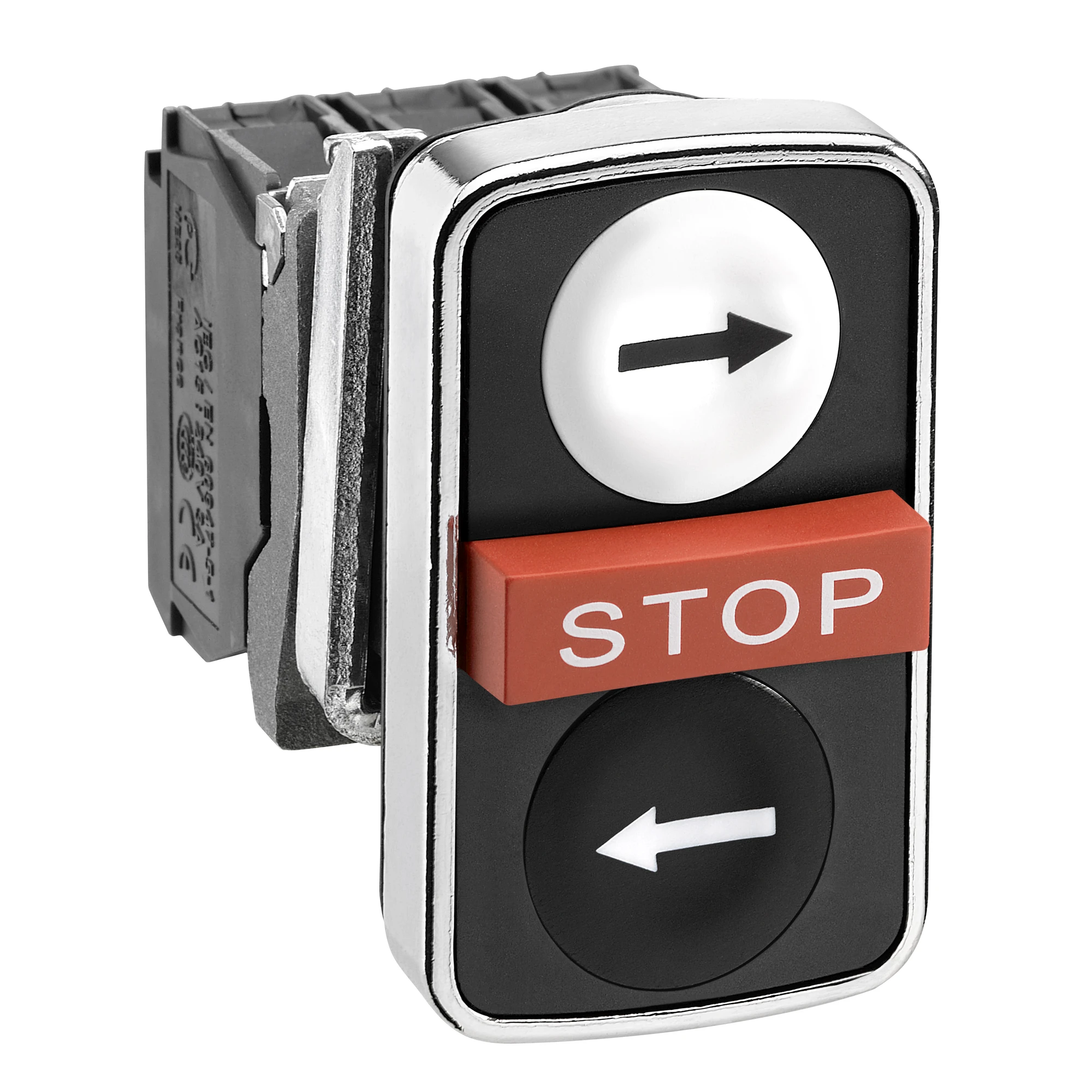 Schneider Electric XB4BA711237 Triple Push Button, Harmony XB4, Metal, 22mm, White, Red, Black, Labeled Arrow/STOP/Arrow, 1C+1NO+1C (img_001) Schneider Electric XB4BA711237 Triple Push Button, Harmony XB4, Metal, 22mm, White, Red, Black, Labeled Arrow/STOP/Arrow, 1C+1NO+1C (img_001)