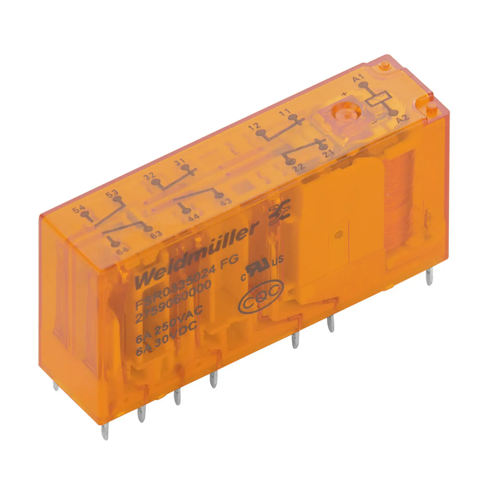 Weidmüller 2759060000 Miniature industrial relay, 24 V DC ±10 %, No, 3 NC and 3 NO contacts forcibily guided (EN 61810-3 type A) (AgSnO gold-plated) , 250 V AC, 6 A, Test b (img_001)