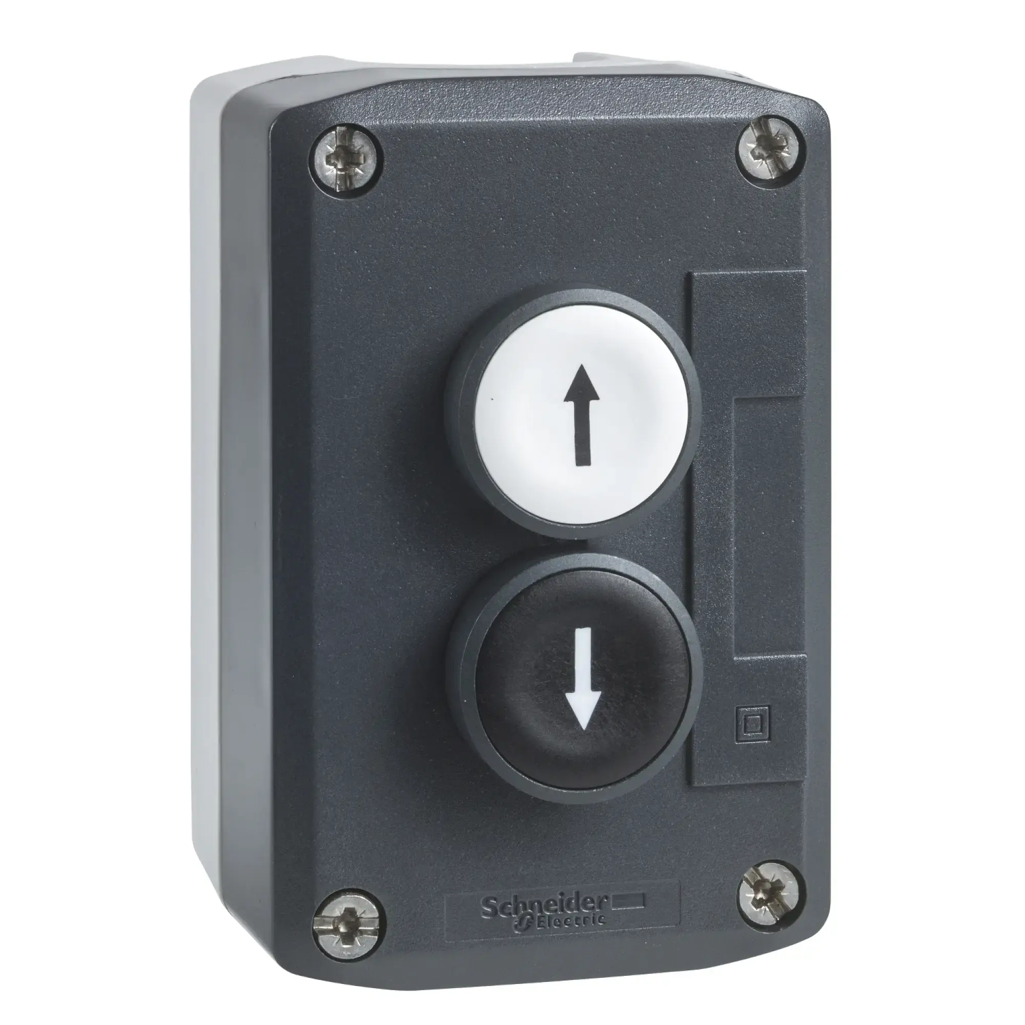 Schneider Electric XALD222E Surface mounting enclosure, Harmony XALD, plastic, dark grey, 2 push-buttons, white, black, arrows up-down, 22mm, 2NO+2NC (img_010)
