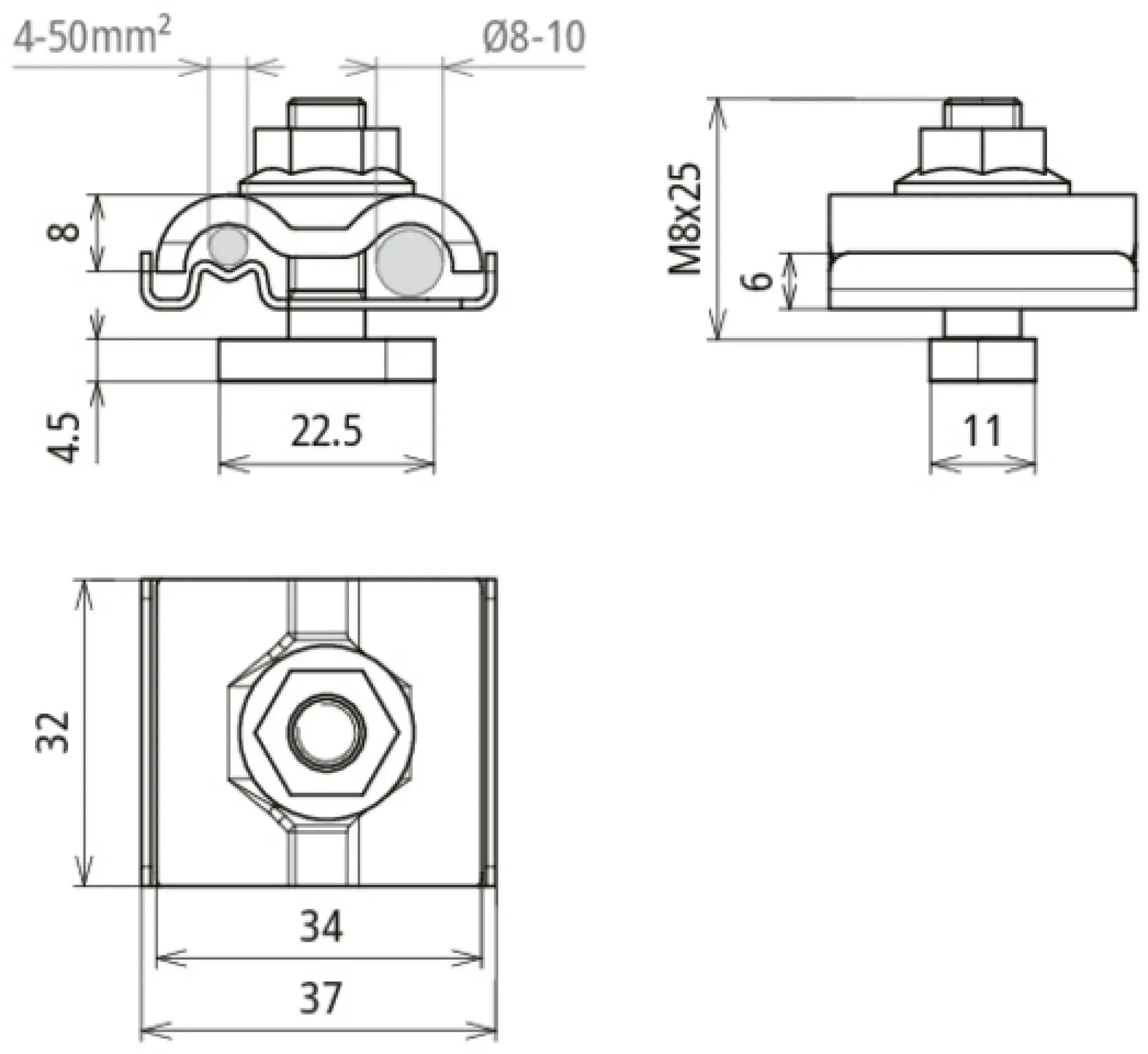 Dehn 540249 UNI earthing clamp StSt f. Rd 8-10mm a. cond. 4-50mm² w. M8x25 screw and nut (img_002)