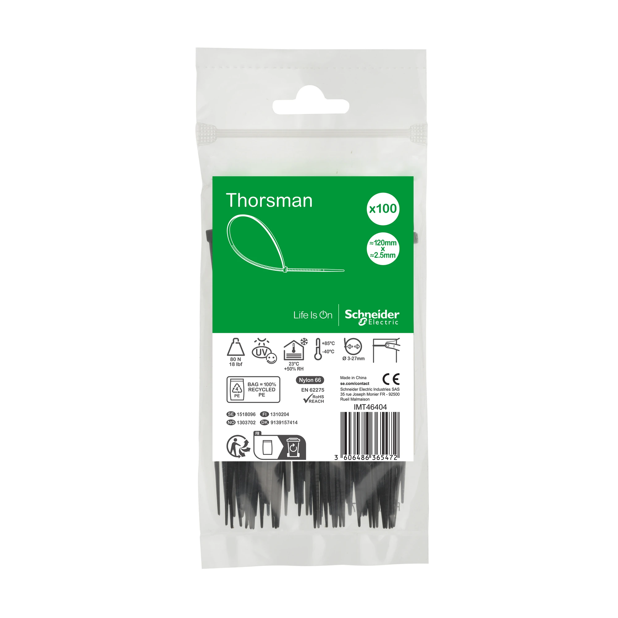 Schneider Electric IMT46404 Thorsman Cable Ties, Dimension: 120X2.5 mm, PCK=100 pieces Color black (img_001)