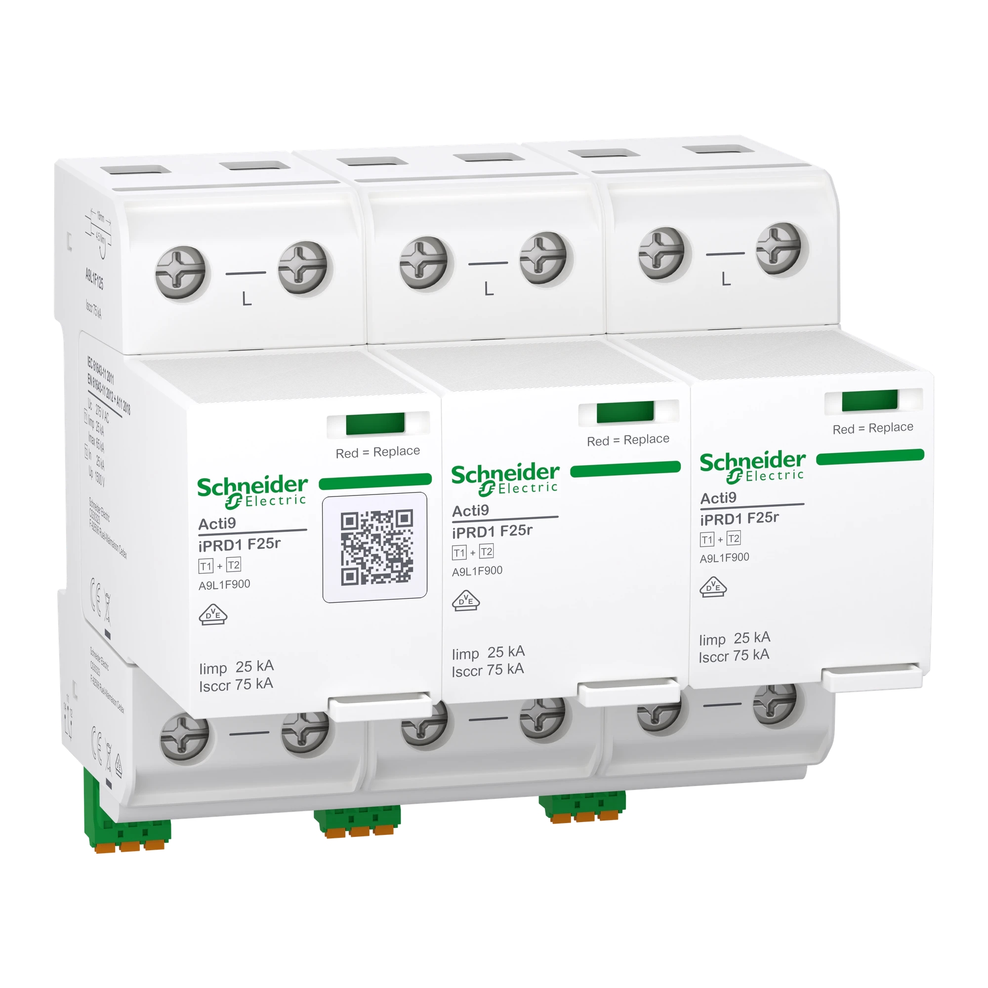 Schneider Electric A9L1F325 Combination Arrester, Acti9 iPRD1 F25r, Type 1+2, Plug-in Protection Modules, 3P, Iimp 25kA, Integrated Fuse, FM Contact (img_001)