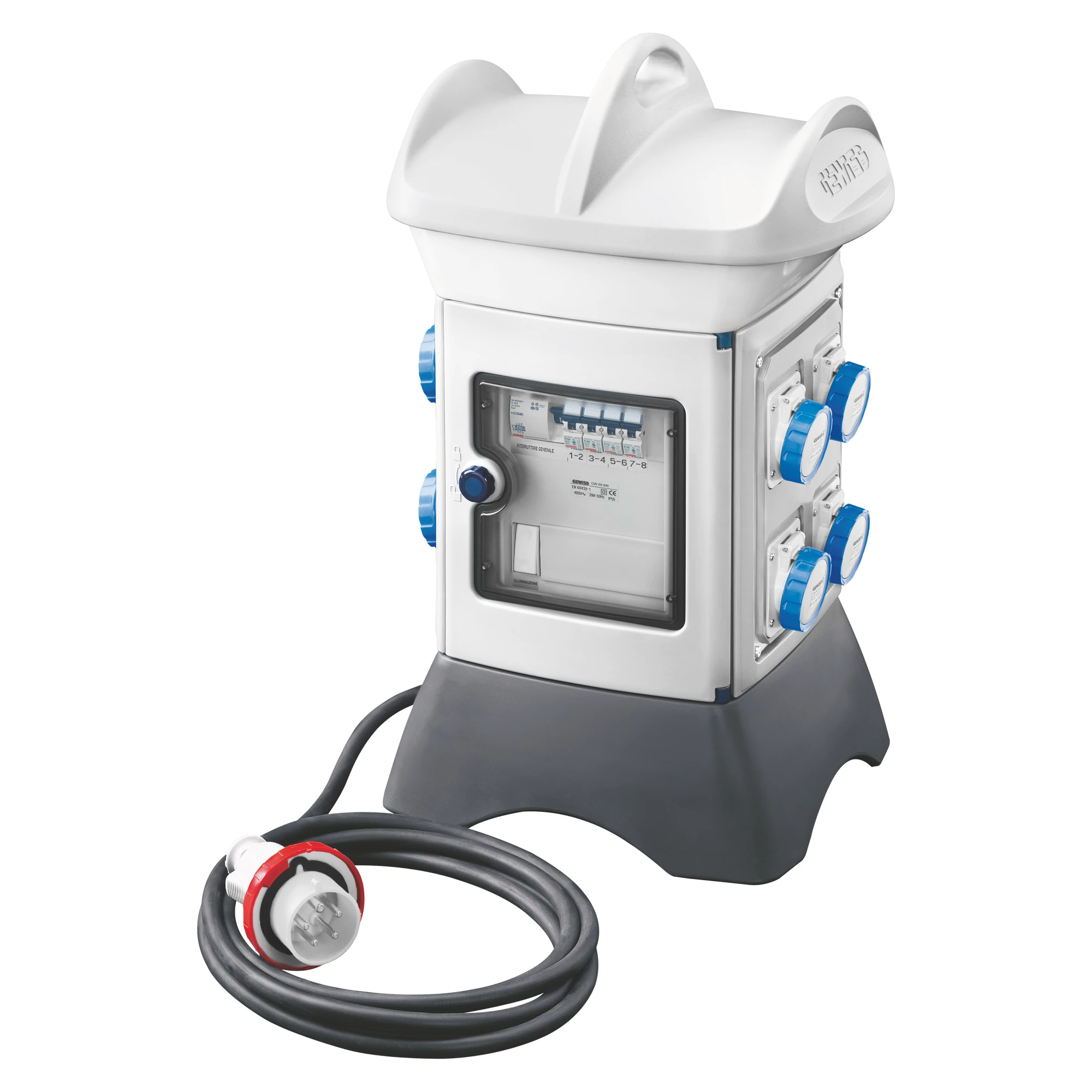 GEWISS GW68847W QMC16T - WIRED - TRANSPORTABLE - DOUBLE SIDE TAKE-OFF - 2 SOCKET OUTLET 2P+E 16A + 1 3P+E 16A + 2 DOMESTIC SOCKET OUTLET 10/16A -IP55 - WHITE (img_001)