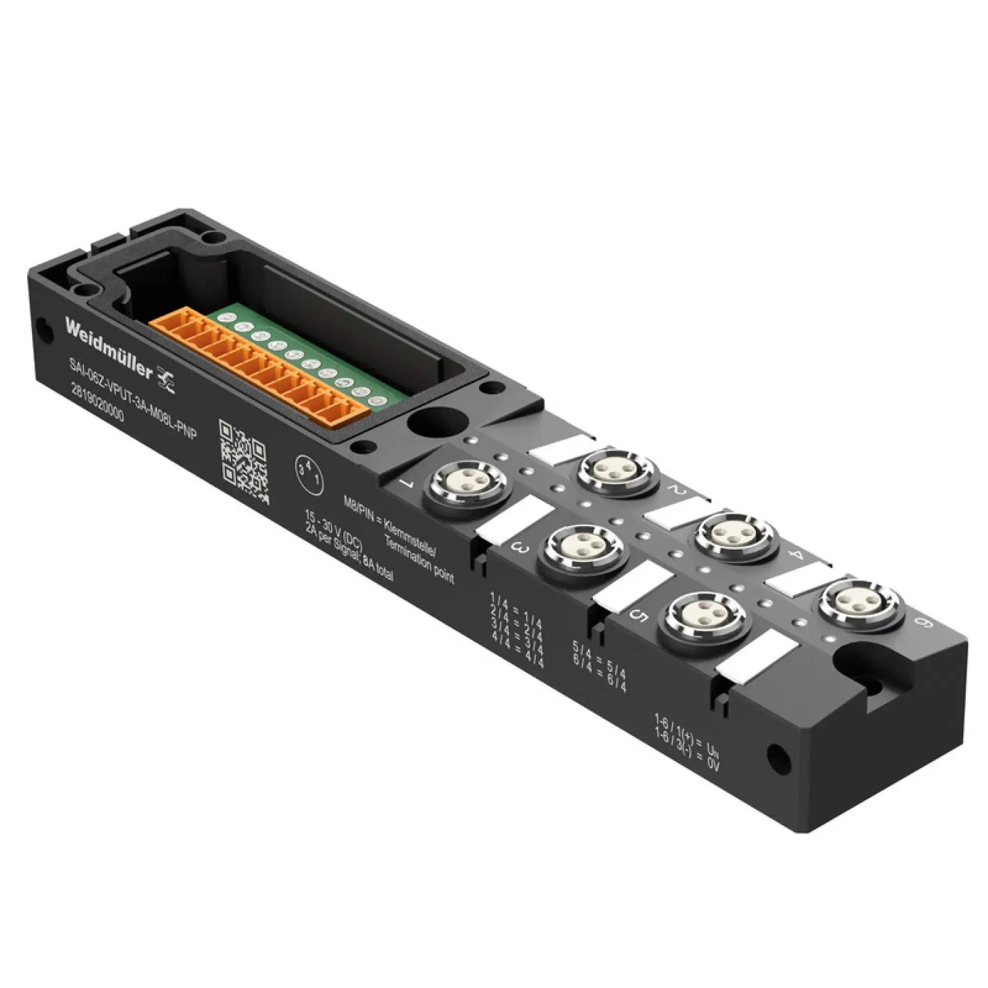 Weidmüller 2819020000 Sensor-actuator passive distributor (without cable), Hood distributor lower part, M8, 30 V, LED: Yes, LED initiator: Yes, Wiring type: PNP (img_001)