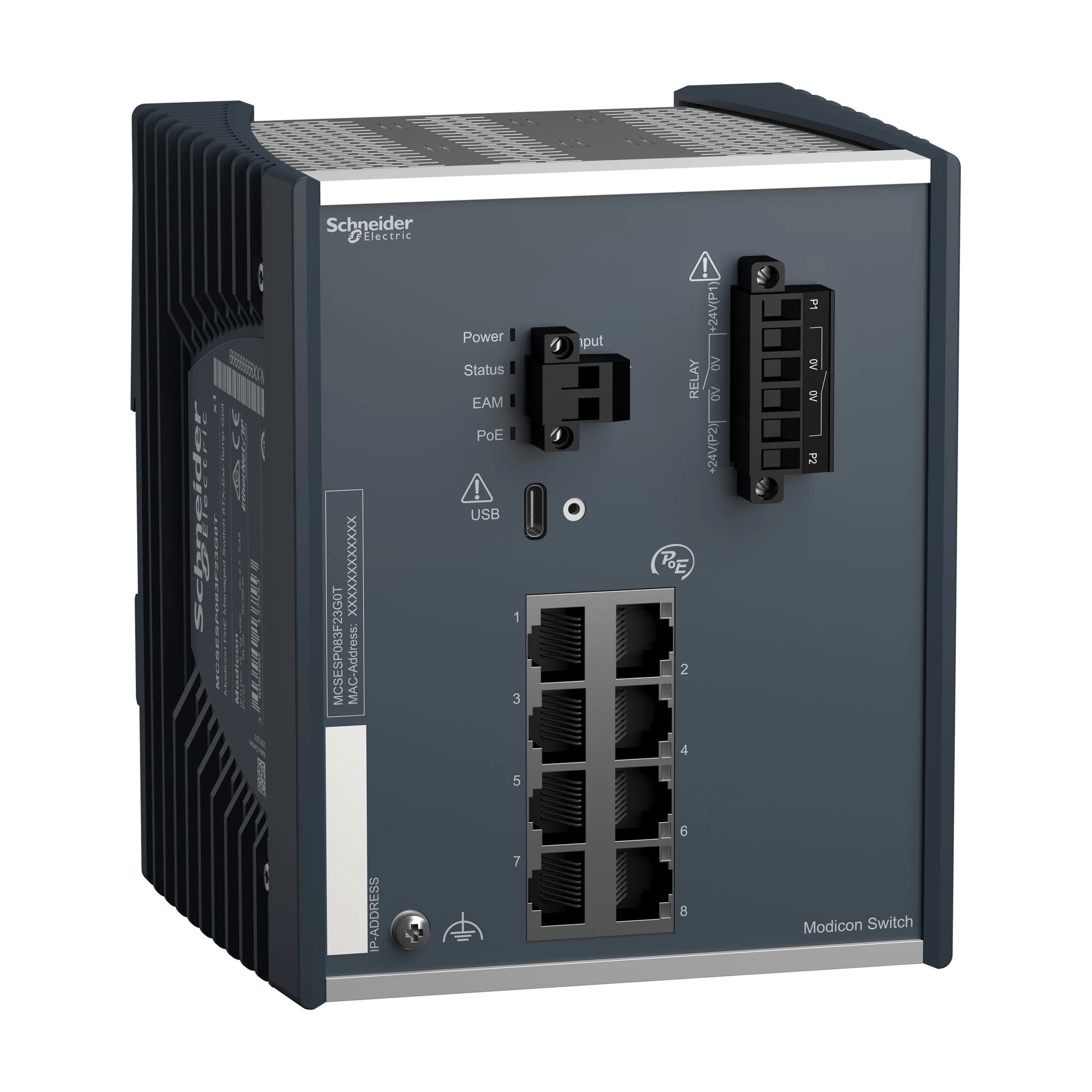 Schneider Electric MCSESP083F23G0T Modicon PoE Managed Switch, 8 Gigabit Ports for Copper (8TX 10/100/1000 Mbps), Extended Temperature, Power over Ethernet (img_001) Schneider Electric MCSESP083F23G0T Modicon PoE Managed Switch, 8 Gigabit Ports for Copper (8TX 10/100/1000 Mbps), Extended Temperature, Power over Ethernet (img_001)
