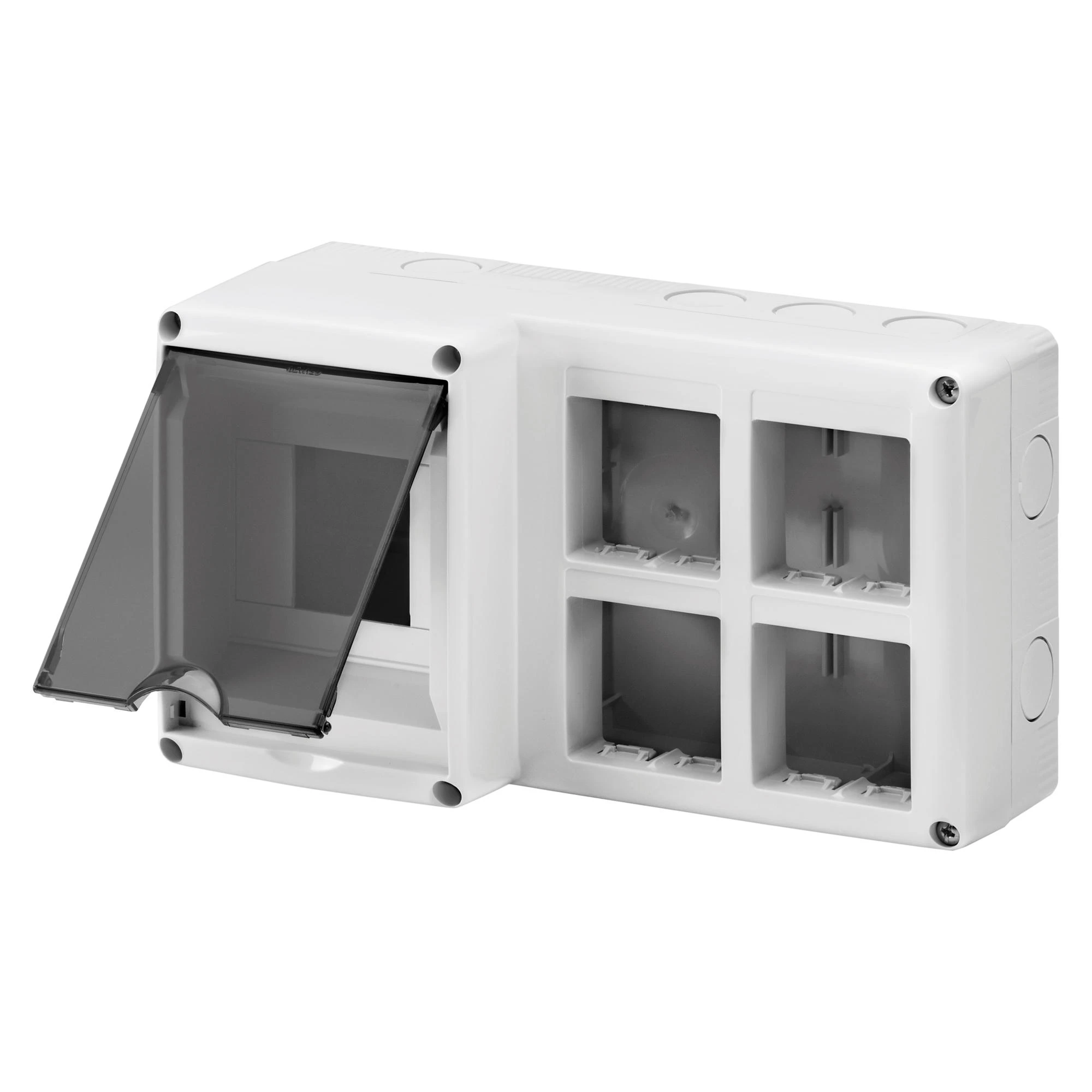 GEWISS GW27072 System AP Gehaeuse mit Halterung 8M 2x4 und DIN-Schiene 4TE IP40 RAL7035 (img_001) GEWISS GW27072 System AP Gehaeuse mit Halterung 8M 2x4 und DIN-Schiene 4TE IP40 RAL7035 (img_001)