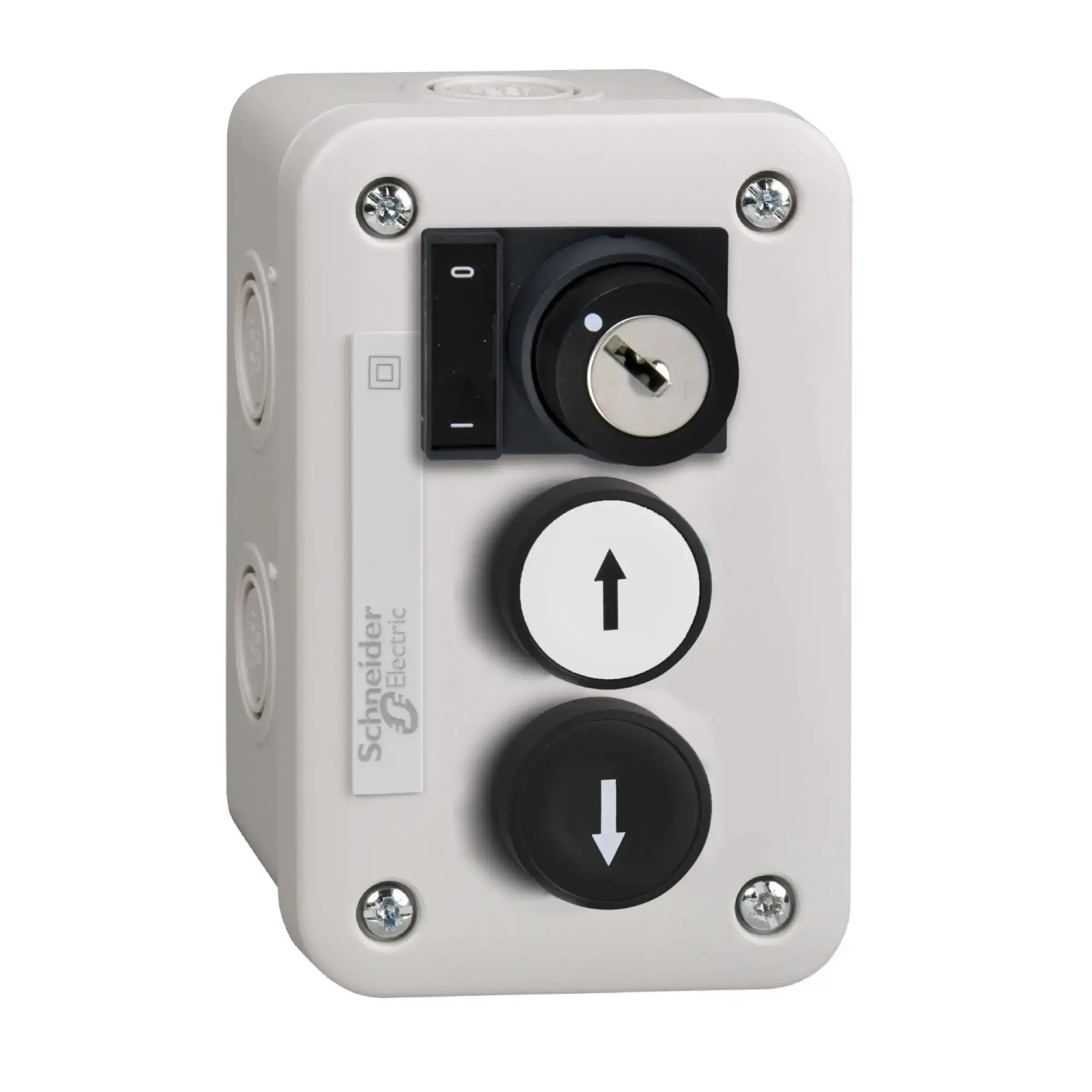 Schneider Electric XALE3441 Surface-mounted enclosure, Harmony XALE, plastic, light grey, 2 push-buttons, up-down arrows, 1 key switch, 22mm, 3S (img_002)
