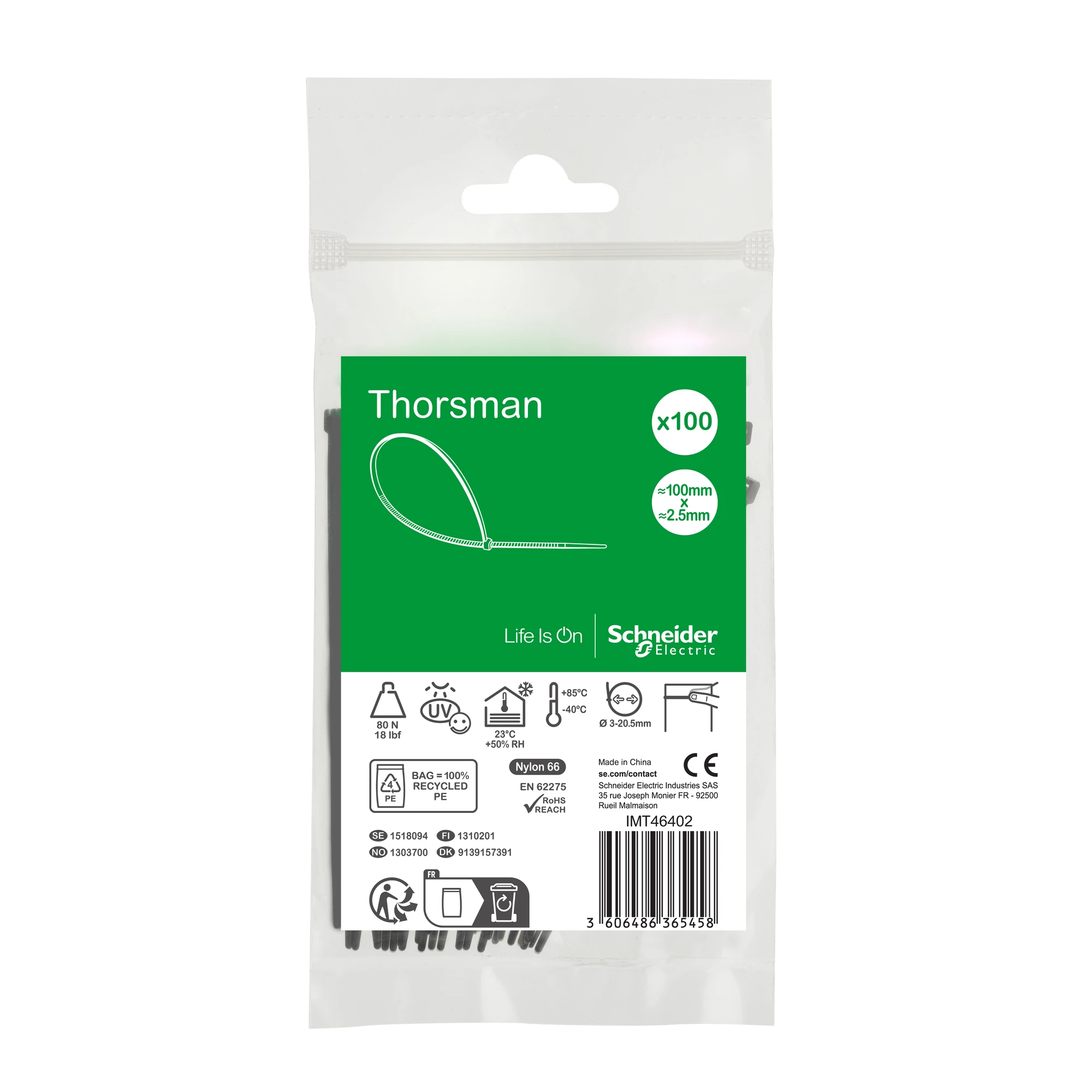 Schneider Electric IMT46402 Thorsman Cable Tie, Dimensions: 100X2.5 mm, Packaging unit=100 pieces Color black (img_001)
