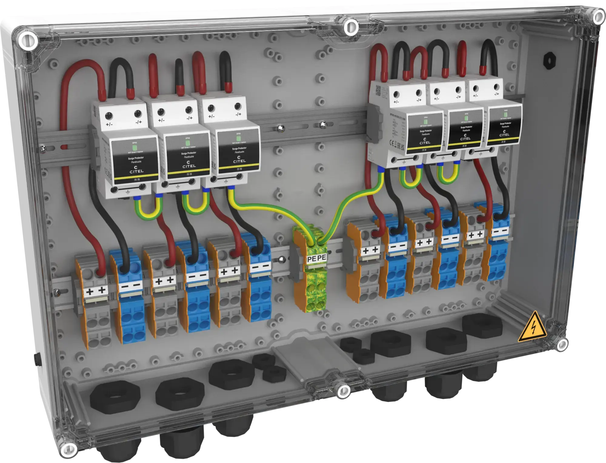 Citel 157609 Generatoranschlusskasten mit SPD Typ 1+2+3, 1200 VDC, 6-MPPT, 2 Strings (img_001) Citel 157609 Generatoranschlusskasten mit SPD Typ 1+2+3, 1200 VDC, 6-MPPT, 2 Strings (img_001)