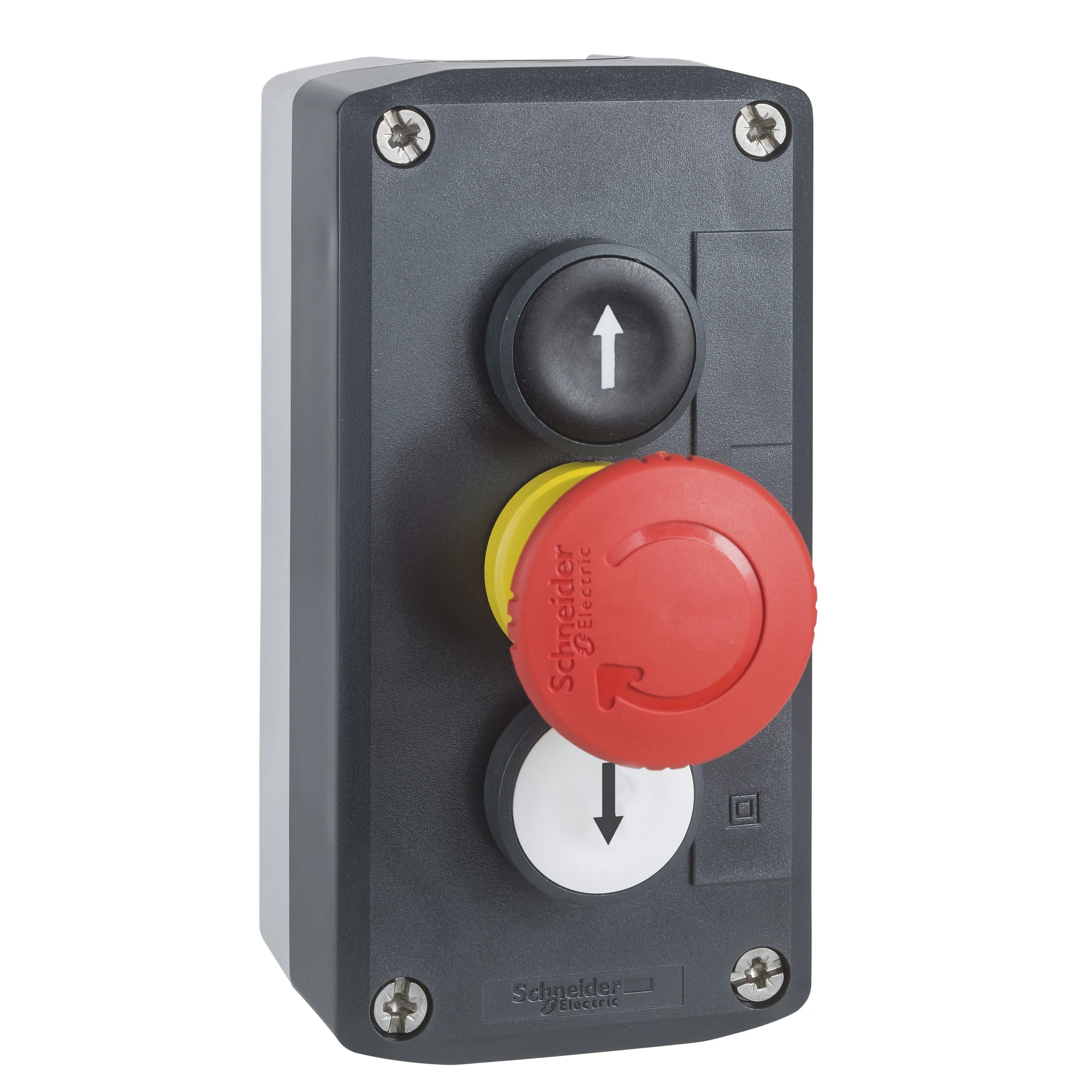 Schneider Electric XALD328 Surface-mounting enclosure, Harmony XALD, plastic, dark gray, 2 push-buttons, 1 emergency stop button, O, arrows up-down, 22mm, 2NC+1NO (img_001) Schneider Electric XALD328 Surface-mounting enclosure, Harmony XALD, plastic, dark gray, 2 push-buttons, 1 emergency stop button, O, arrows up-down, 22mm, 2NC+1NO (img_001)