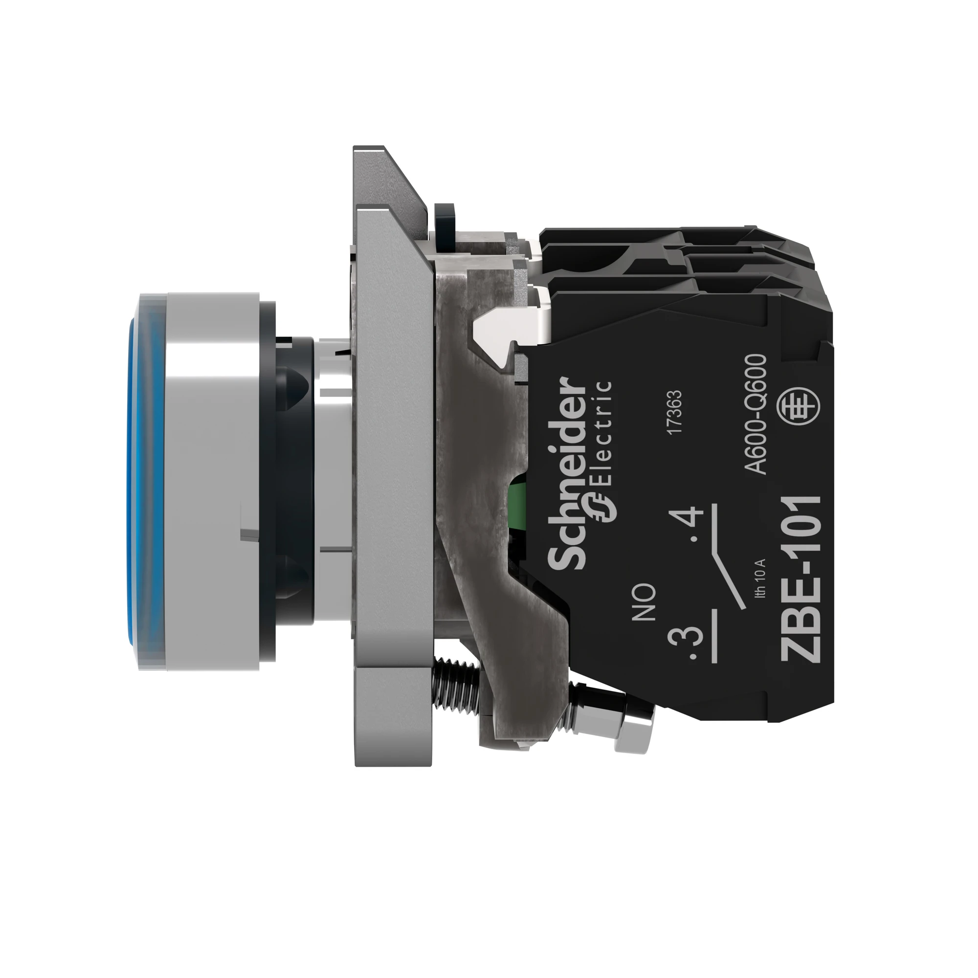 Schneider Electric XB4BW36G5 Illuminated pushbutton, Harmony XB4, metal, 22mm, blue, unlabelled, universal LED, smooth dome, 1NO+1NC, 110-120V AC (img_007)