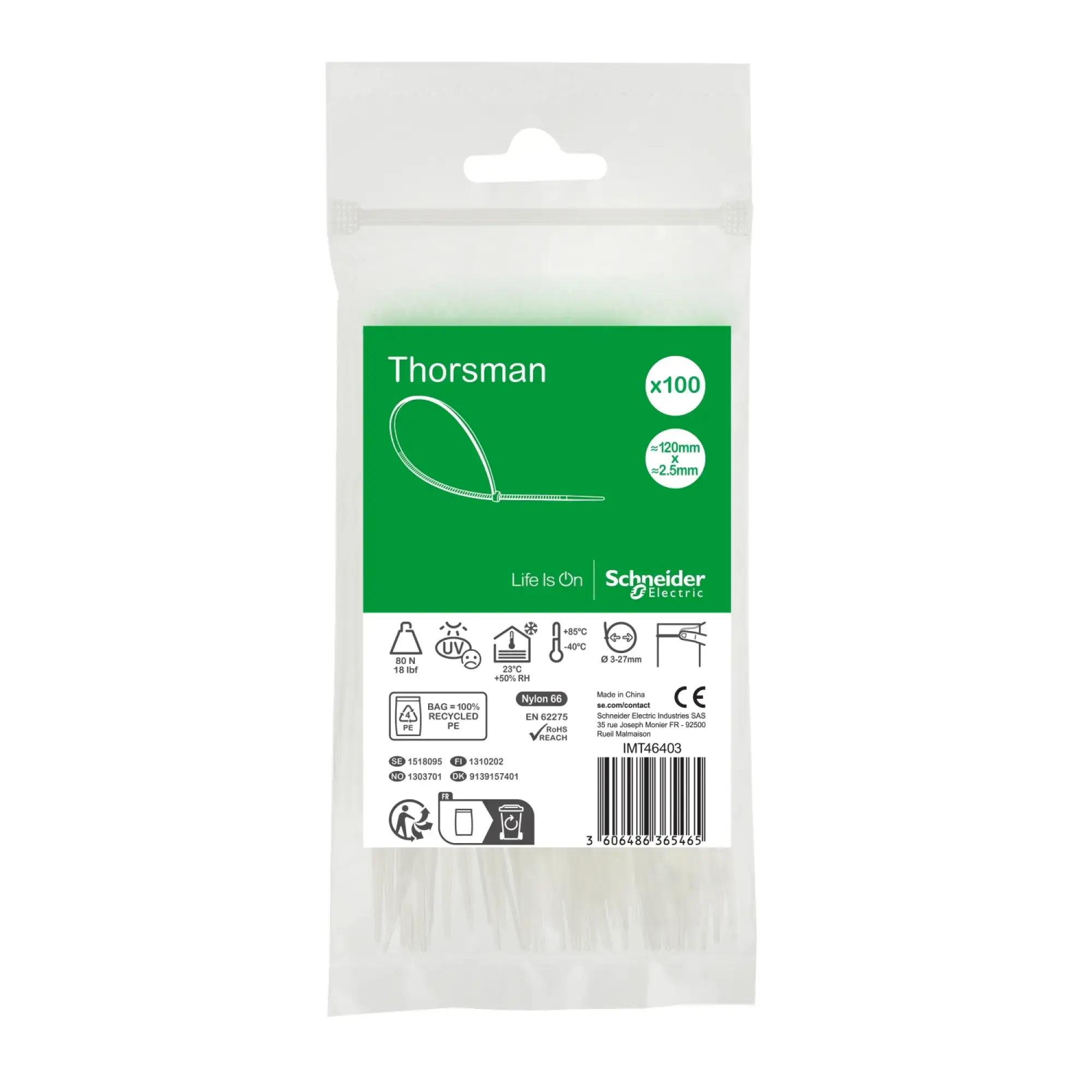 Schneider Electric IMT46403 Thorsman Cable Ties, Dimension: 120X2.5 mm, Pack of 100 Pieces Color: clear (img_002) Schneider Electric IMT46403 Thorsman Cable Ties, Dimension: 120X2.5 mm, Pack of 100 Pieces Color: clear (img_002)