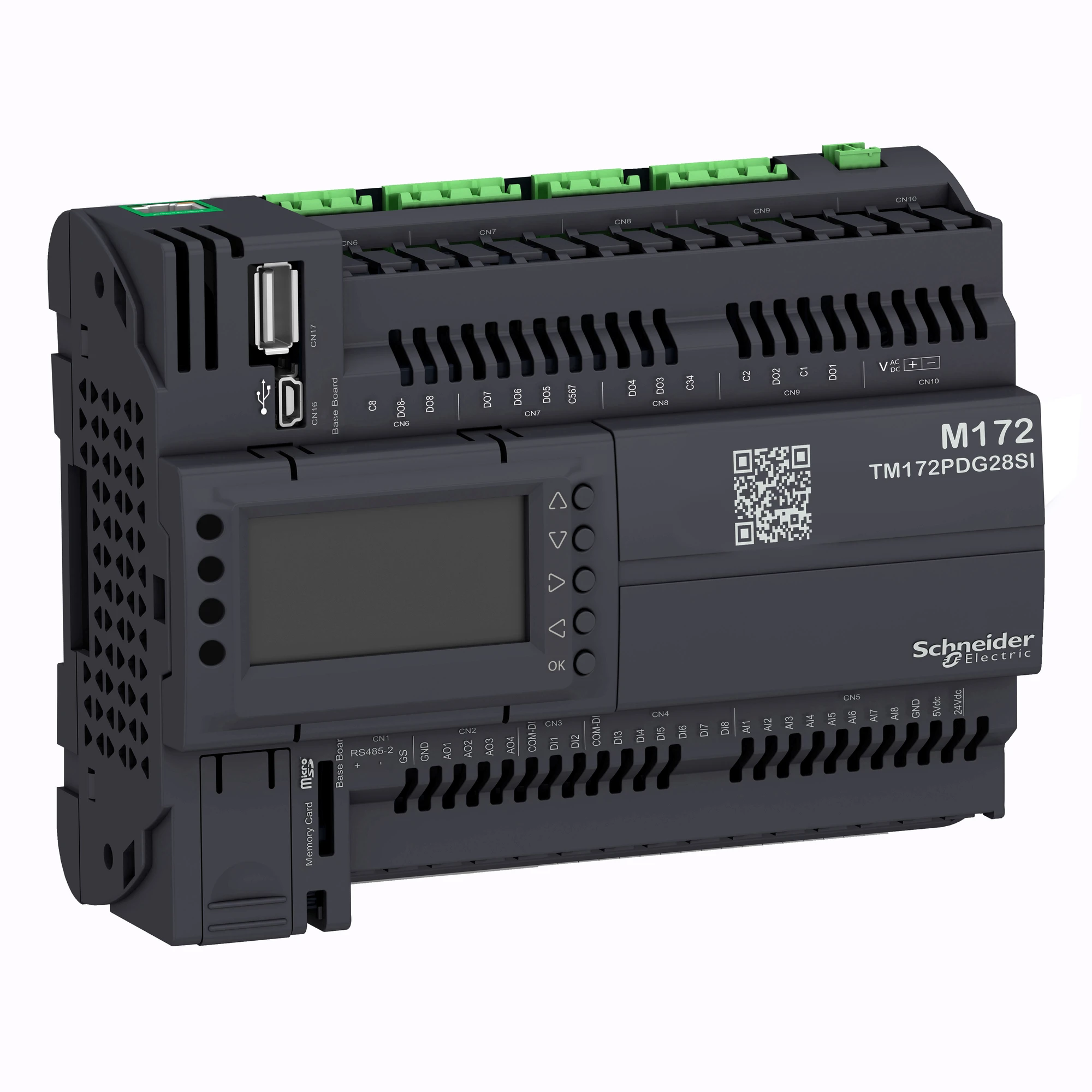 Schneider Electric TM172PDG28SI PLC Control, Modicon M172 Performance, Display, 28 I/O, Ethernet, Modbus, BACnet, Web Visualization, 24 VAC/DC, 2 SSR, Insulated (img_001)