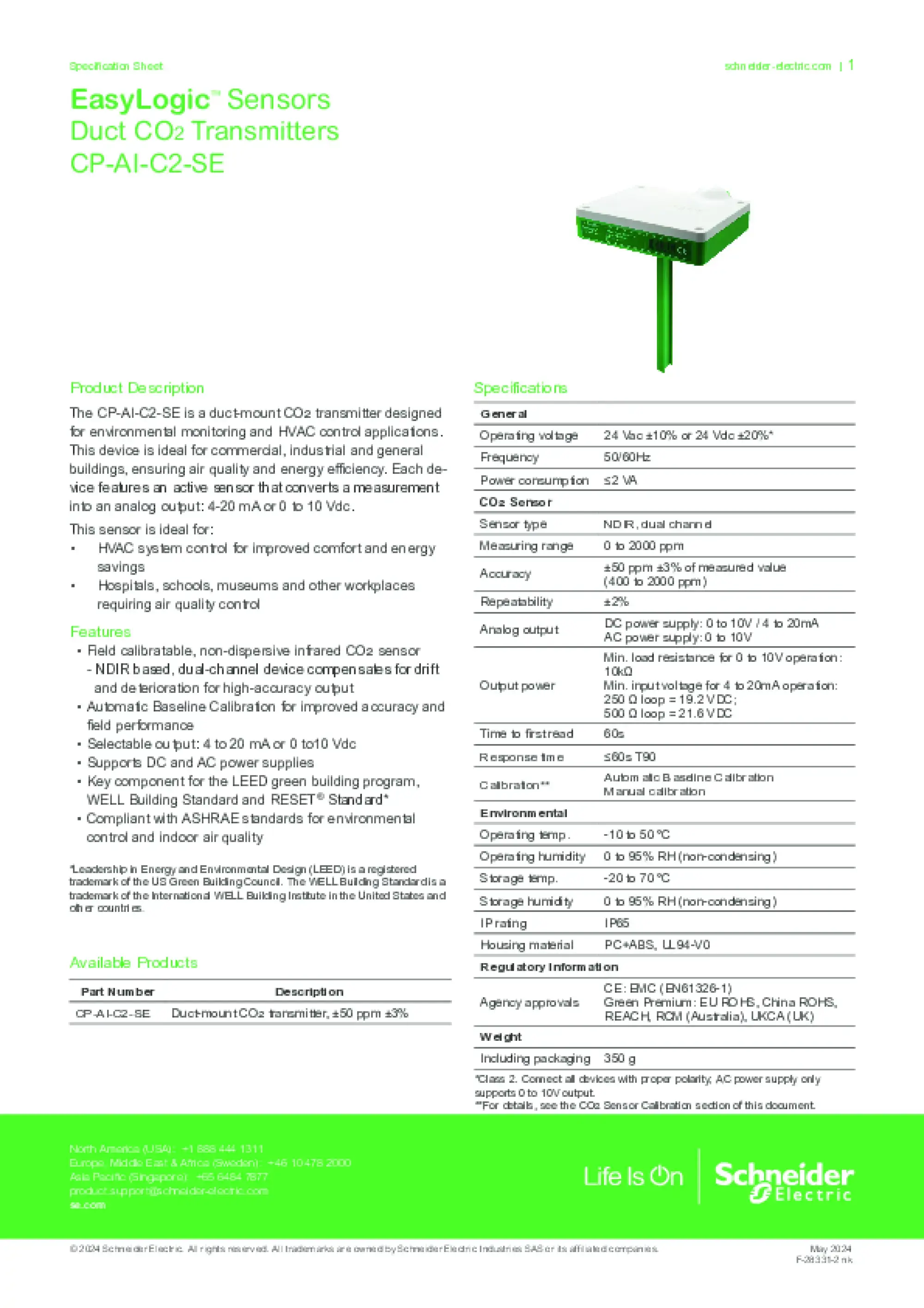 Schneider Electric CP-AI-C2-SE EasyLogic CP CO2-Sensor - Kanalmontage, Sensortyp: NDIR CP-AI-C2-SE (img_002)