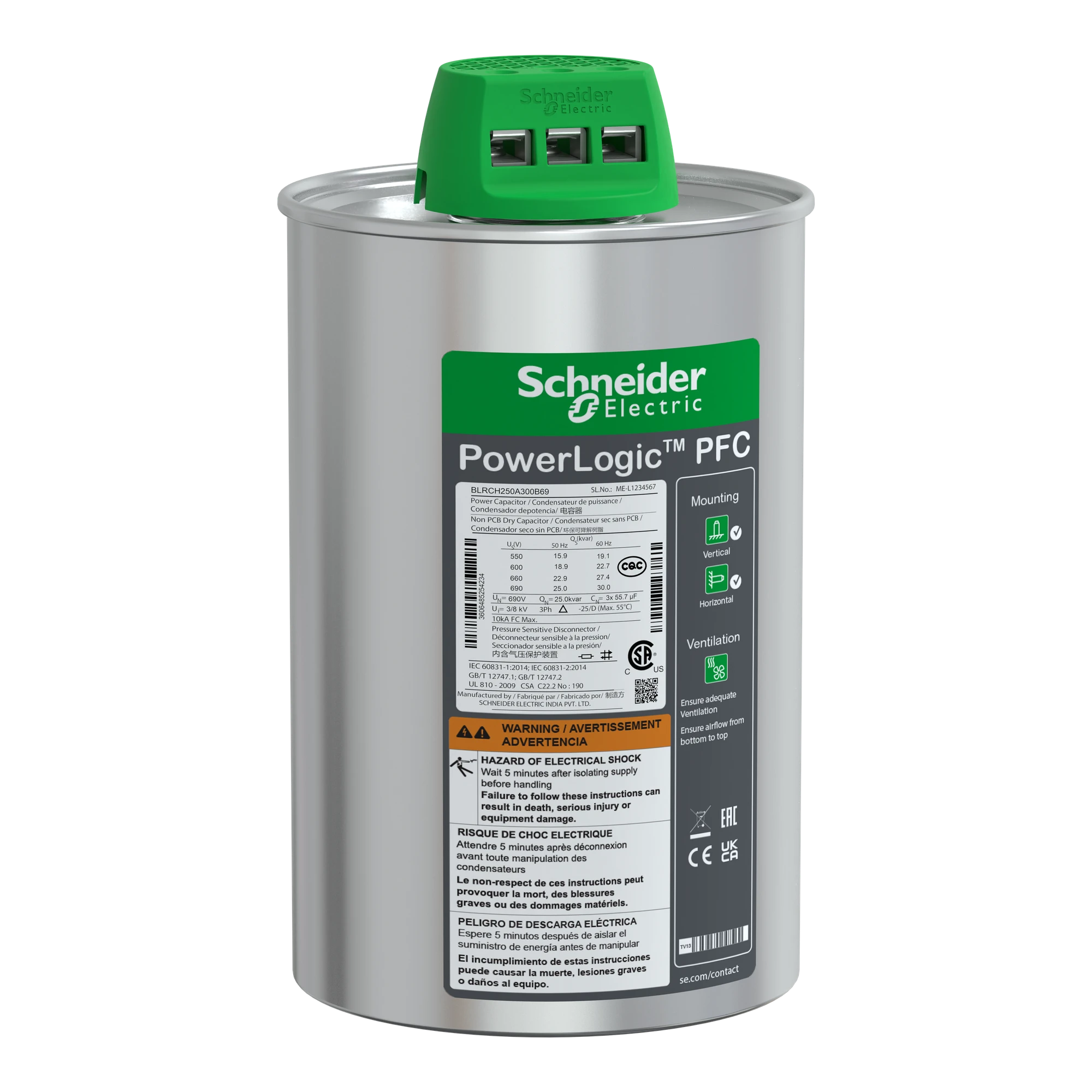 Schneider Electric BLRCH250A300B69 High-performance capacitor, PowerLogic PFC HD, 25/30kvar, 690V, 50/60Hz (img_001)