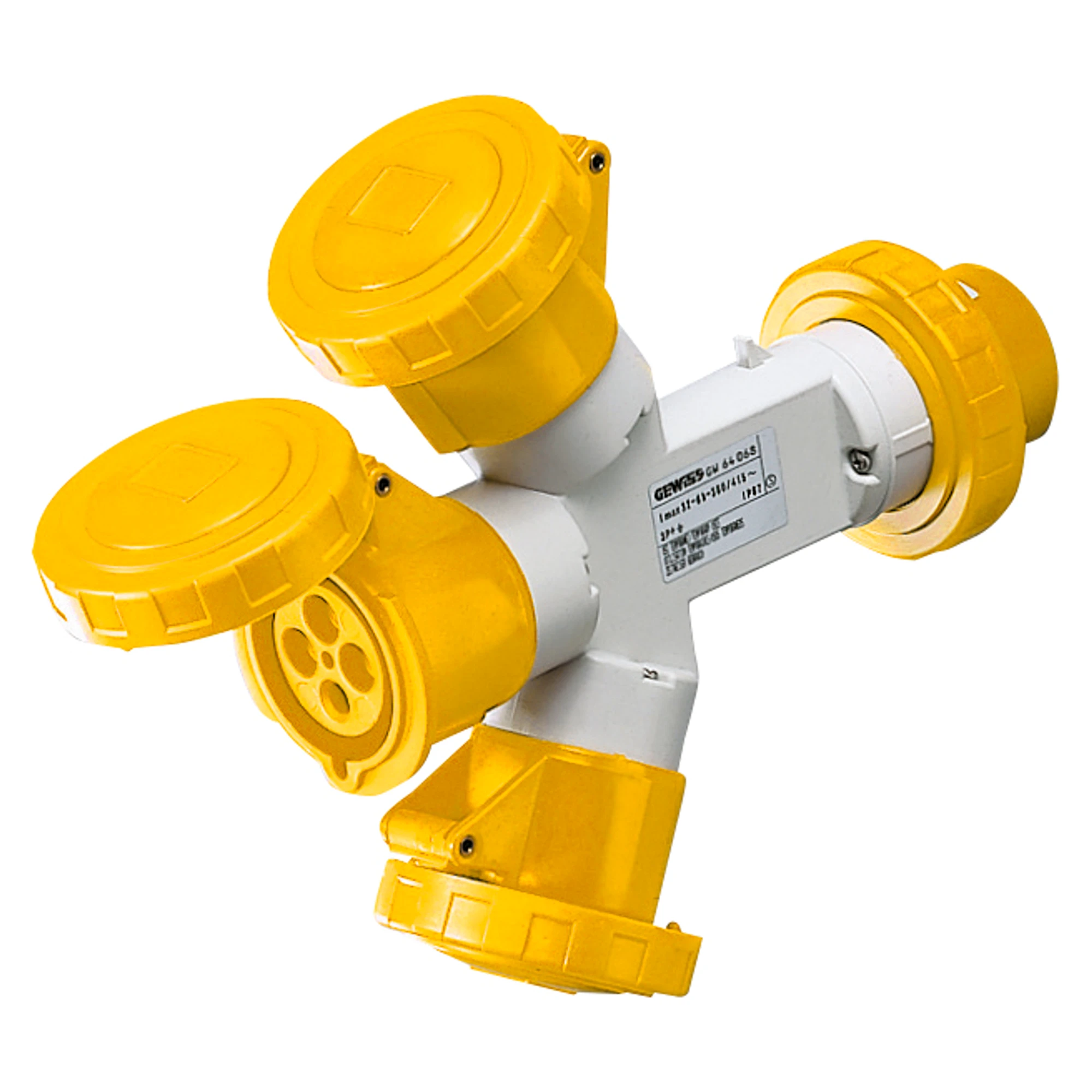 GEWISS GW64022 MULTIPLE SOCKET-COUPLERS 3 OUTPUTS IP67 - PLUG 16A - 2 SOCKET-OUTLETS 2P+E 110V 50/60HZ - YELLOW - 4H (img_001)