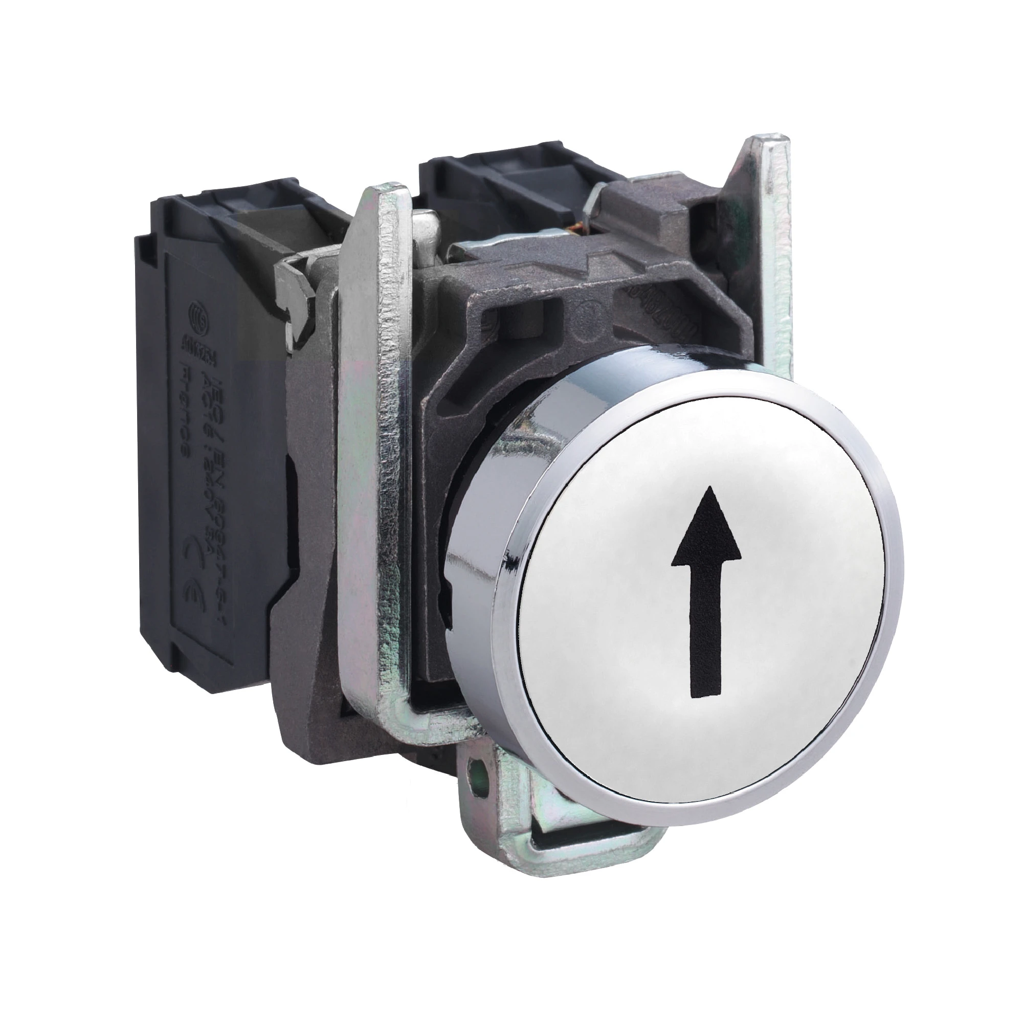 Schneider Electric XB4BA3341 Pushbutton, Harmony XB4, Metal, 22mm, White, Labeled Upward Arrow, Momentary, Screw Terminal, 1NO (img_001) Schneider Electric XB4BA3341 Pushbutton, Harmony XB4, Metal, 22mm, White, Labeled Upward Arrow, Momentary, Screw Terminal, 1NO (img_001)