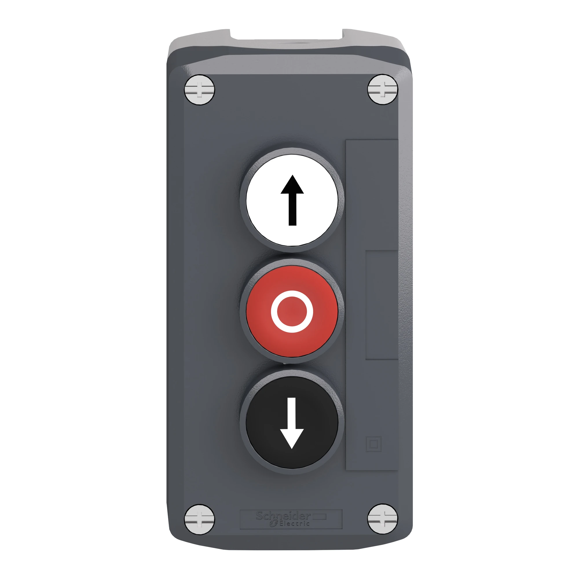 Schneider Electric XALD325 Surface-mounted enclosure, Harmony XALD, plastic, dark gray, 3 push-buttons, O, projecting, arrows up-down, 22mm, 2NC+1NO (img_004)