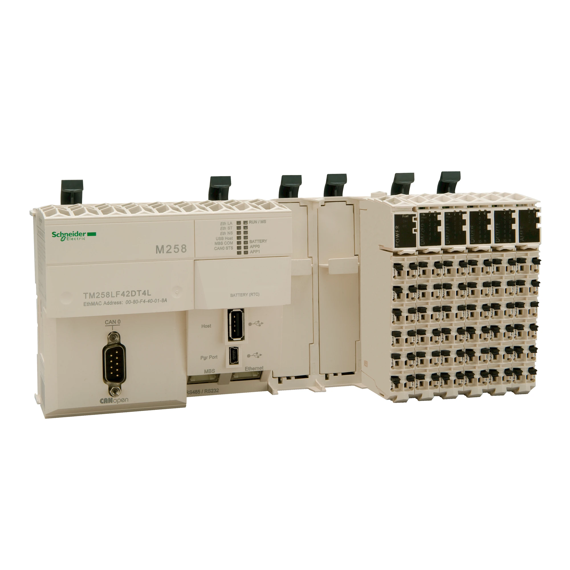 Schneider Electric TM258LF42DT4L PLC Control, Modicon M258, 46 I/O, CANopen Master, Ethernet, Modbus, 2 PCI Module Slots, 24 VDC, Spring Terminal Blocks (img_001) Schneider Electric TM258LF42DT4L PLC Control, Modicon M258, 46 I/O, CANopen Master, Ethernet, Modbus, 2 PCI Module Slots, 24 VDC, Spring Terminal Blocks (img_001)