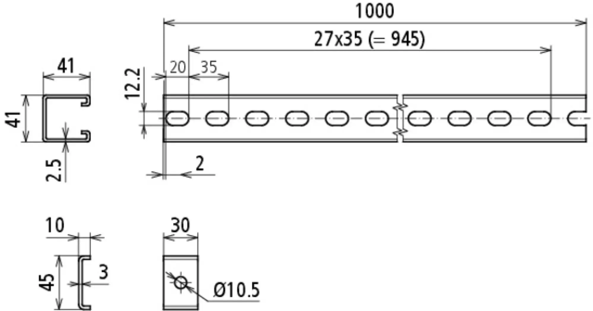 Dehn 123050 C-rails L 1000mm StSt (V4A) including retaining clips, screws and nuts (img_004)