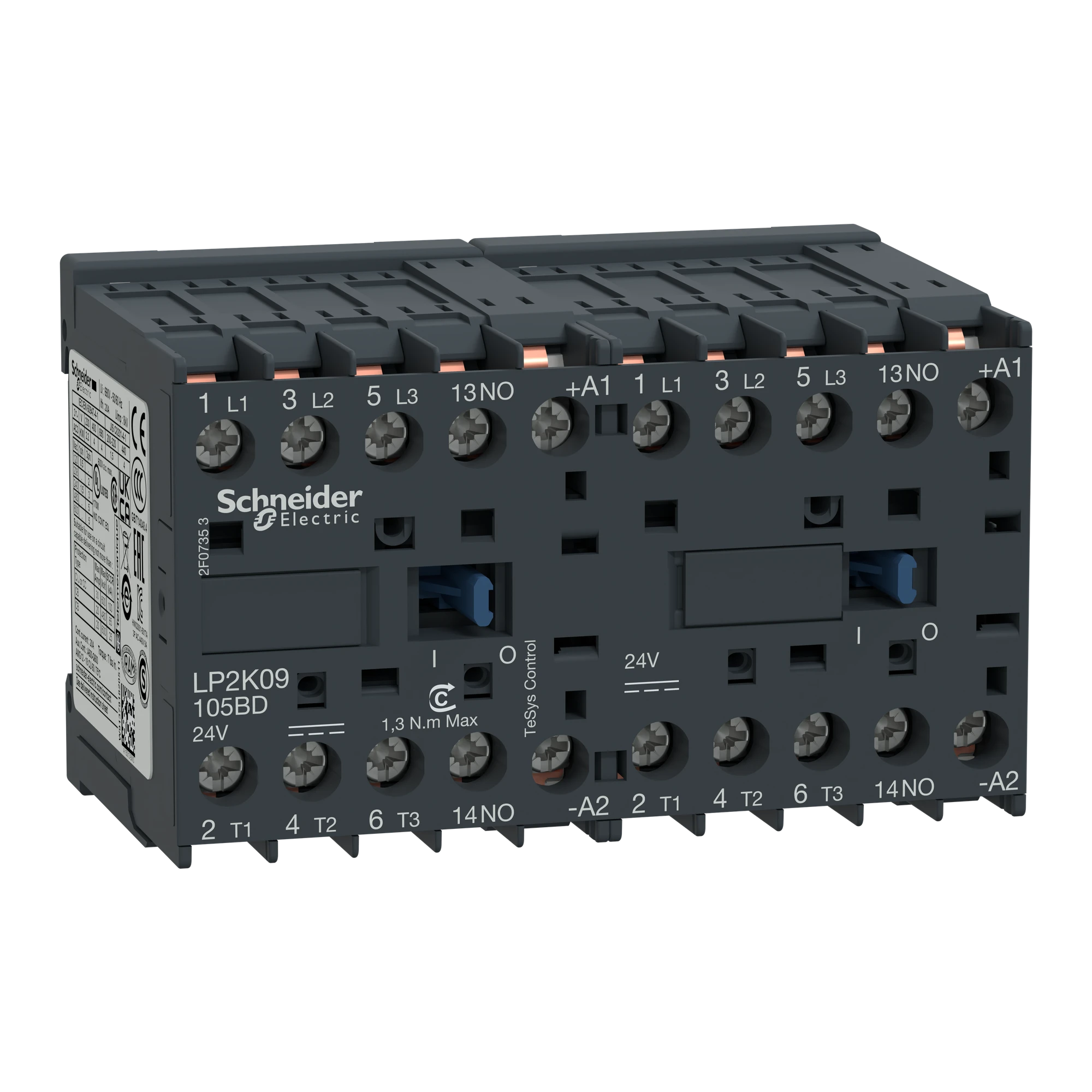 Schneider Electric LP2K09105BD Reversing Contactor Combination, 3p+1S, 4kW/400V/AC3, 9A, 24VDC (img_001)