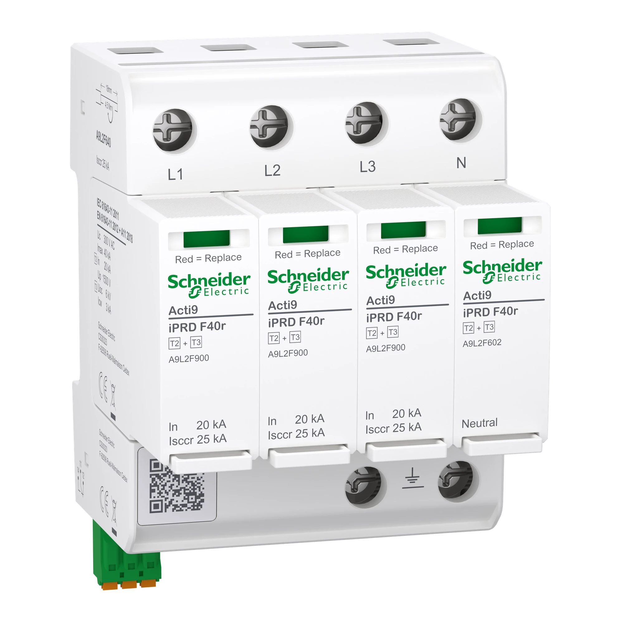 Schneider Electric A9L2F640 Surge Protector, Acti9 iPRD F40r, Type 2+3, Pluggable Protection Modules, 3P+N, 40kA, Integrated Fuse, FM Contact (img_001)