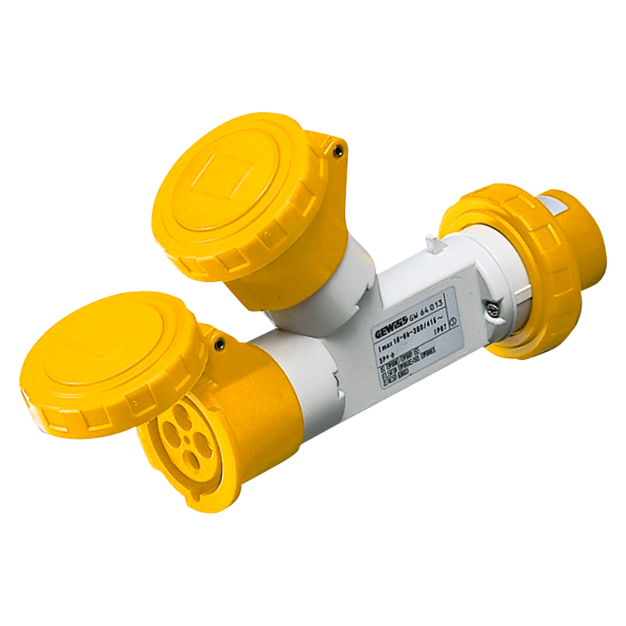 GEWISS GW64008 MULTIPLE SOCKET-COUPLERS 2 OUTPUTS IP67 - PLUG 16A - 2 SOCKET-OUTLETS 2P+E 110V 50/60HZ - YELLOW - 4H (img_001)