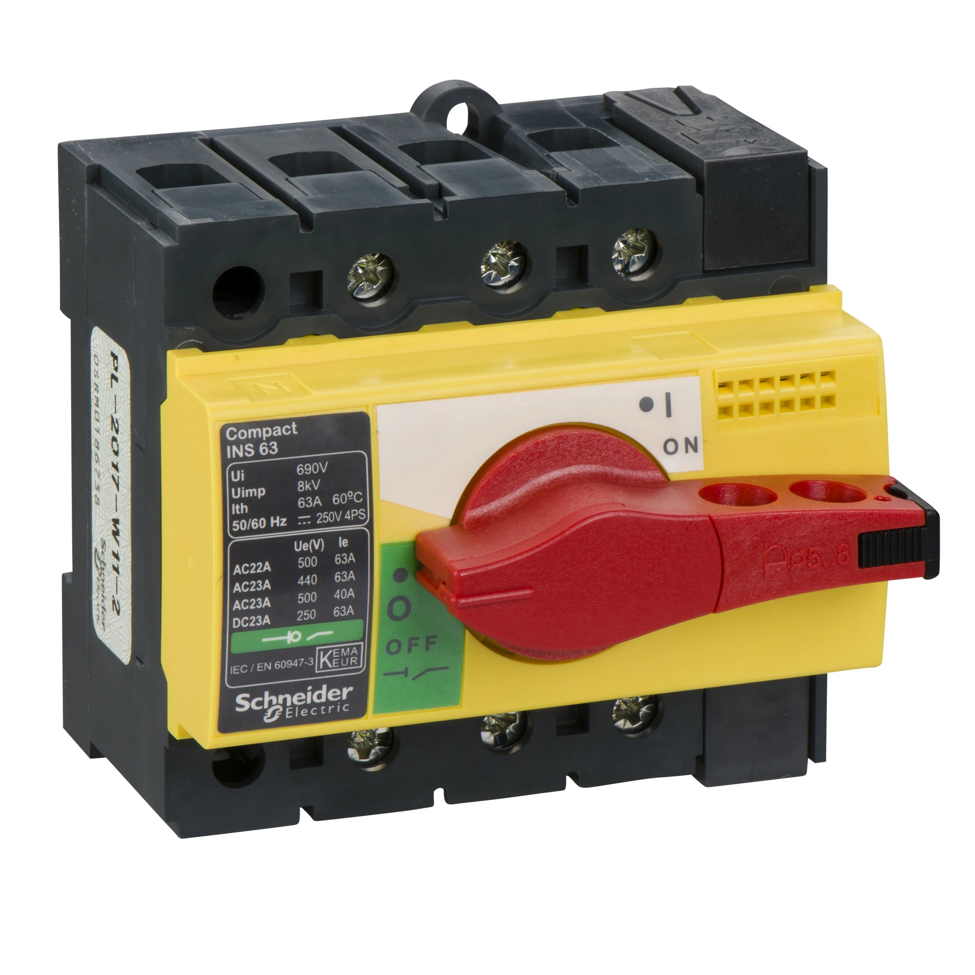 Schneider Electric 28918 Disconnecting switch INS63, 3P, 63A/690V AC/250V DC, Rotary drive red/Base yellow (img_001)