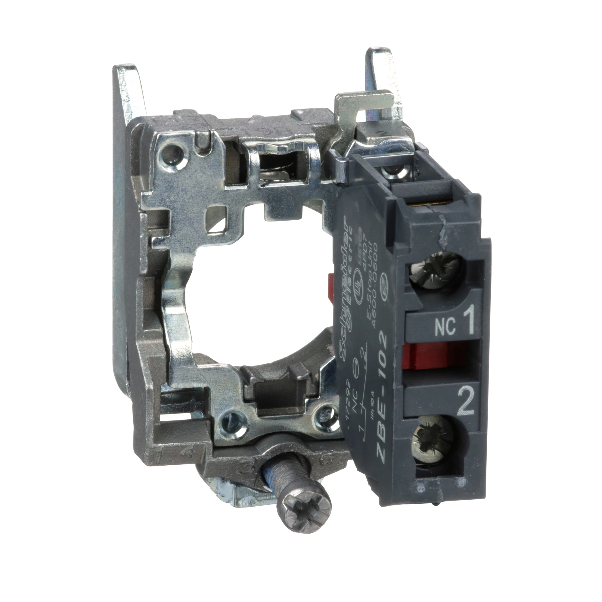Schneider Electric ZB4BZ102 Auxiliary contact block with mounting flange, Harmony XB4, metal, 22mm, 30mm, 1NO, screw terminal (img_001)