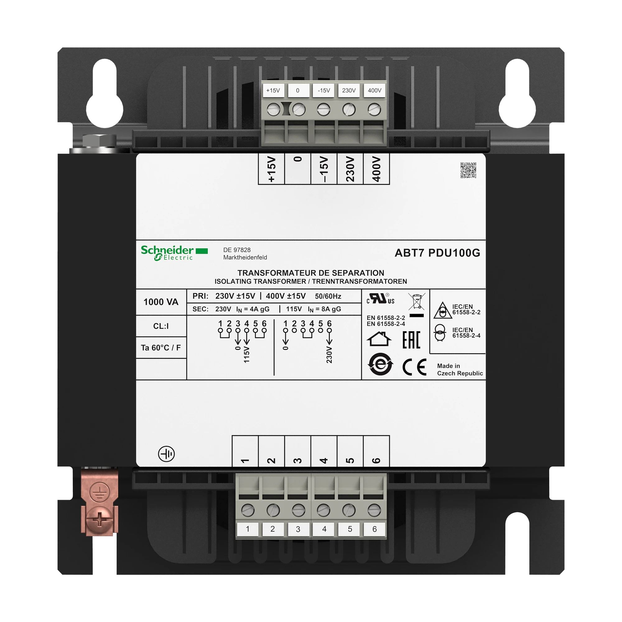 Schneider Electric ABT7PDU100G Safety Isolation Transformer, Modicon ABT7, Input 230/400V AC, Output 2x 115V AC, 1kVA (img_004)