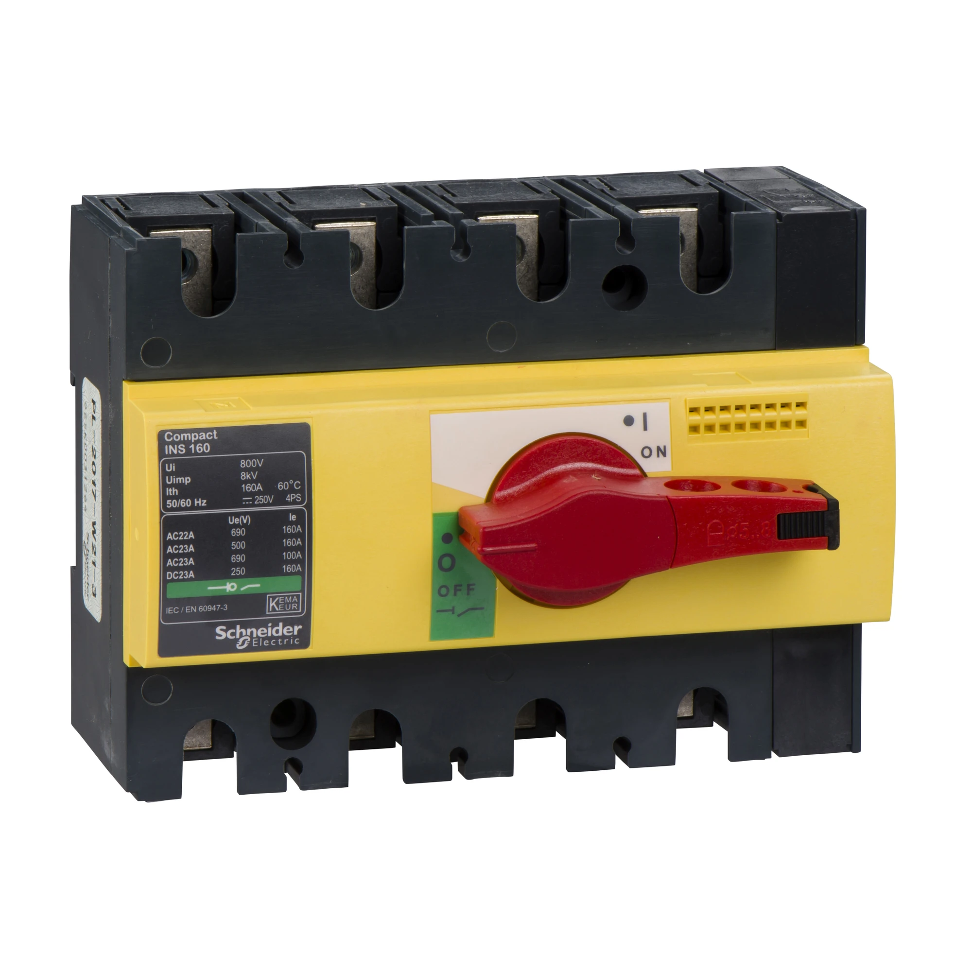 Schneider Electric 28929 Load disconnect switch INS160, 4P, 160A/690V AC/250V DC, rotary drive red/base yellow (img_001)