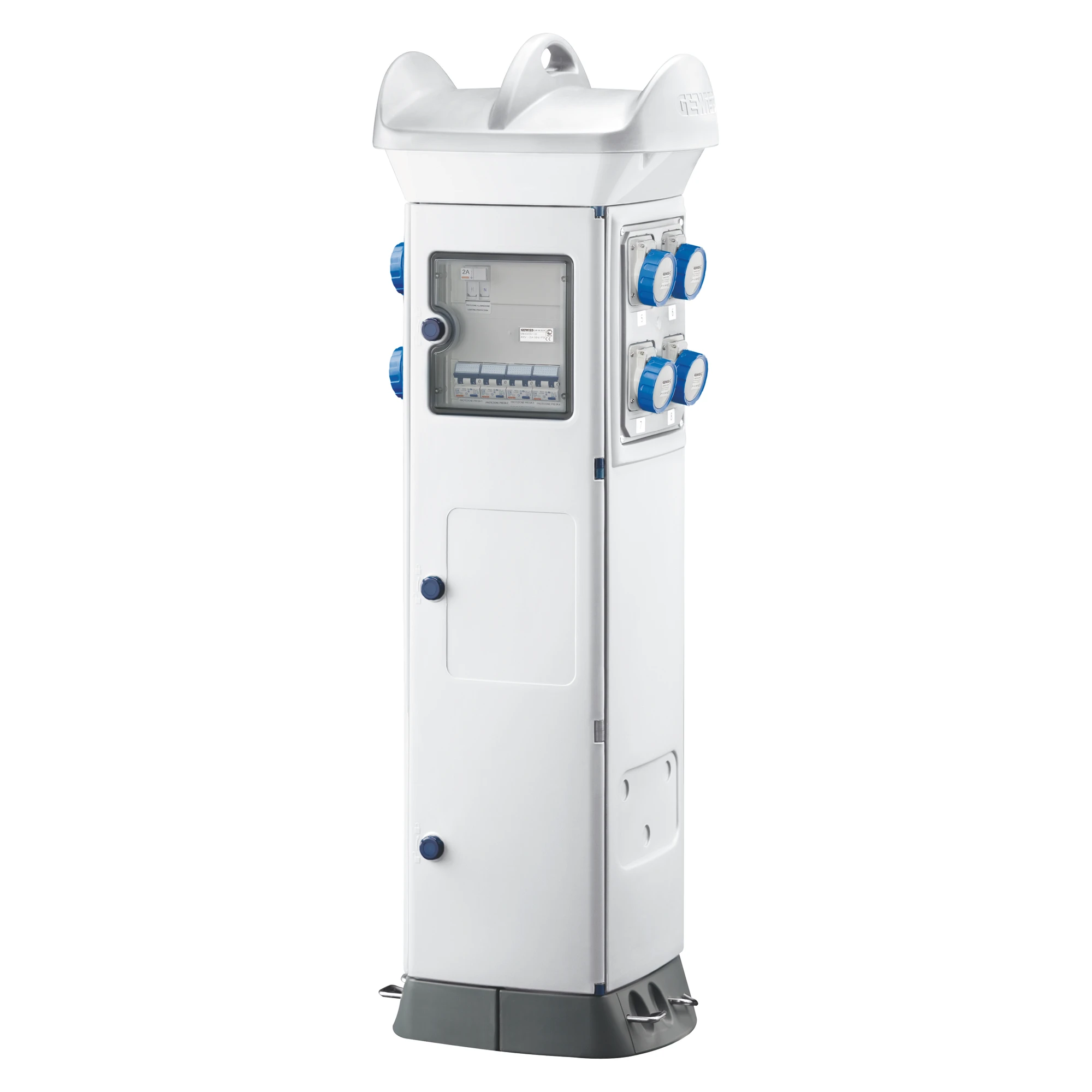 GEWISS GW68858W QMC63C - WIRED - FOR CAMPSITE - DOUBLE SIDE TAKE-OFF - 4 SOCKET OUTLET2P+E 16A 4 SOCKET OUTLET TV/SAT 4 SOCKET OUTLET TELEPHONIC/DATA - IP55- WHITE (img_001)