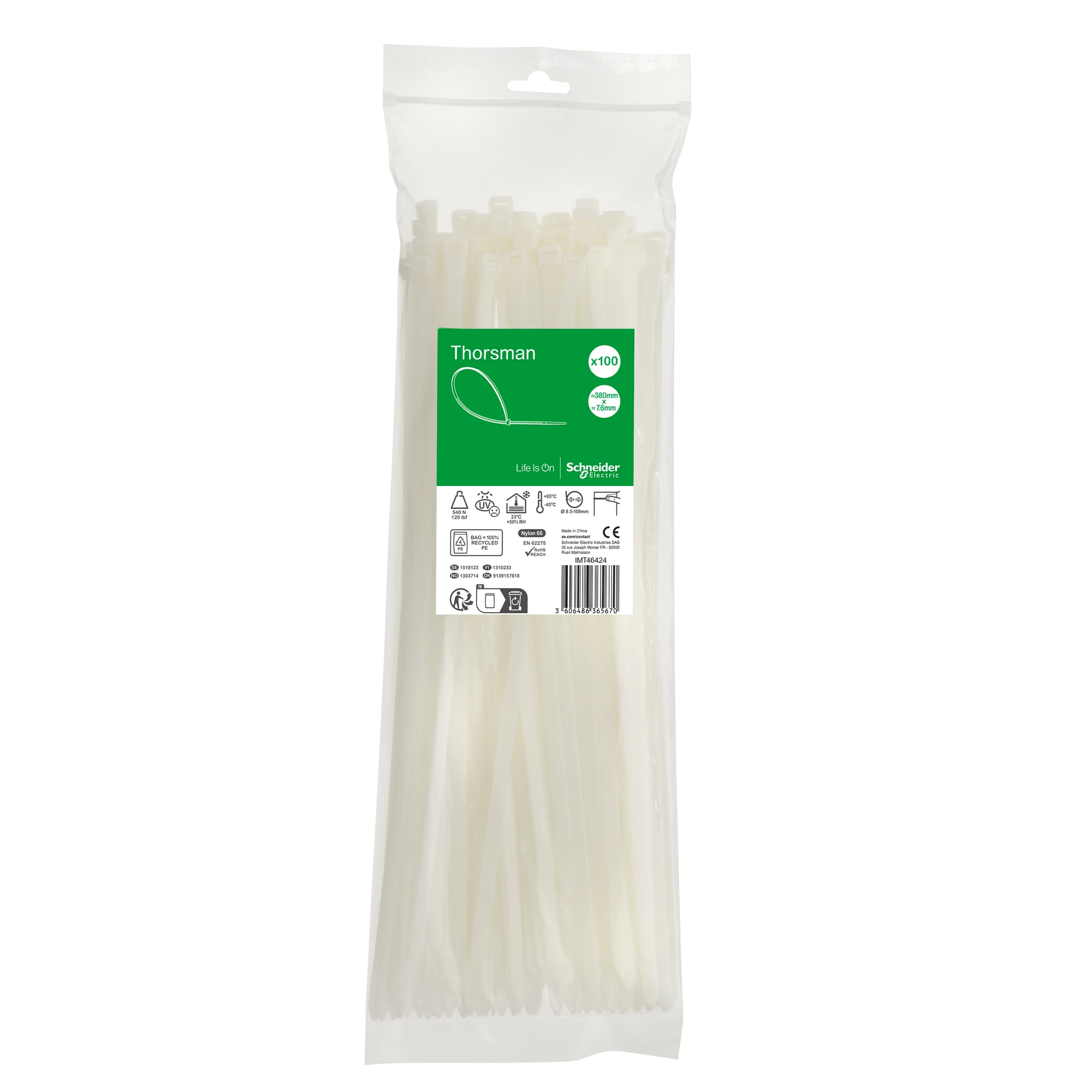 Schneider Electric IMT46424 Thorsman Cable Ties, Dimensions: 380X7.6 mm, Pack of 100 Pieces Color: clear (img_001) Schneider Electric IMT46424 Thorsman Cable Ties, Dimensions: 380X7.6 mm, Pack of 100 Pieces Color: clear (img_001)