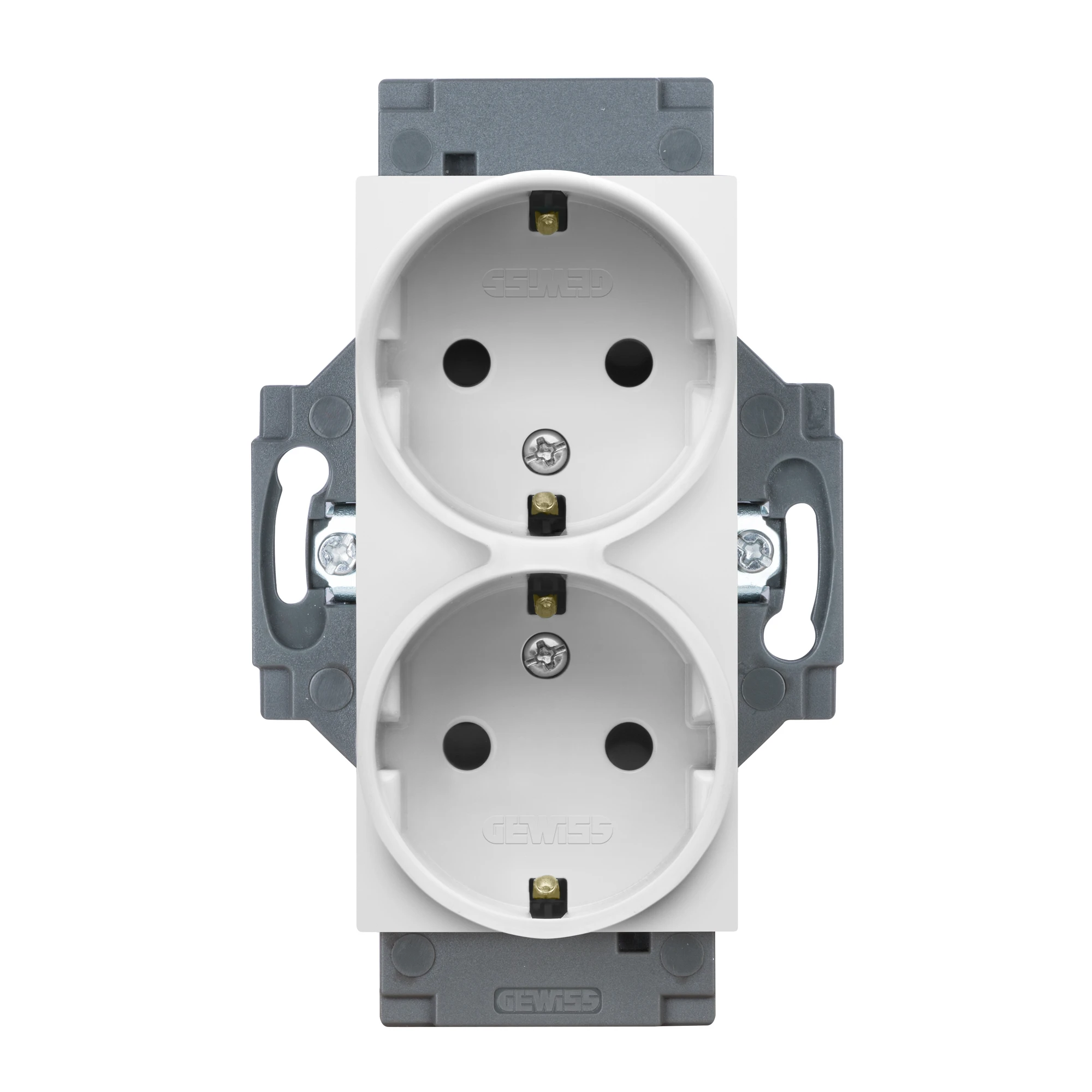 GEWISS GW35204W GERMAN STANDARD SOCKET-OUTLET 250V ac - SCREW TERMINALS - FRONT TIGHTENING TERMINALS - DOUBLE - 2P+E 16A - WHITE - DAHLIA (img_001)