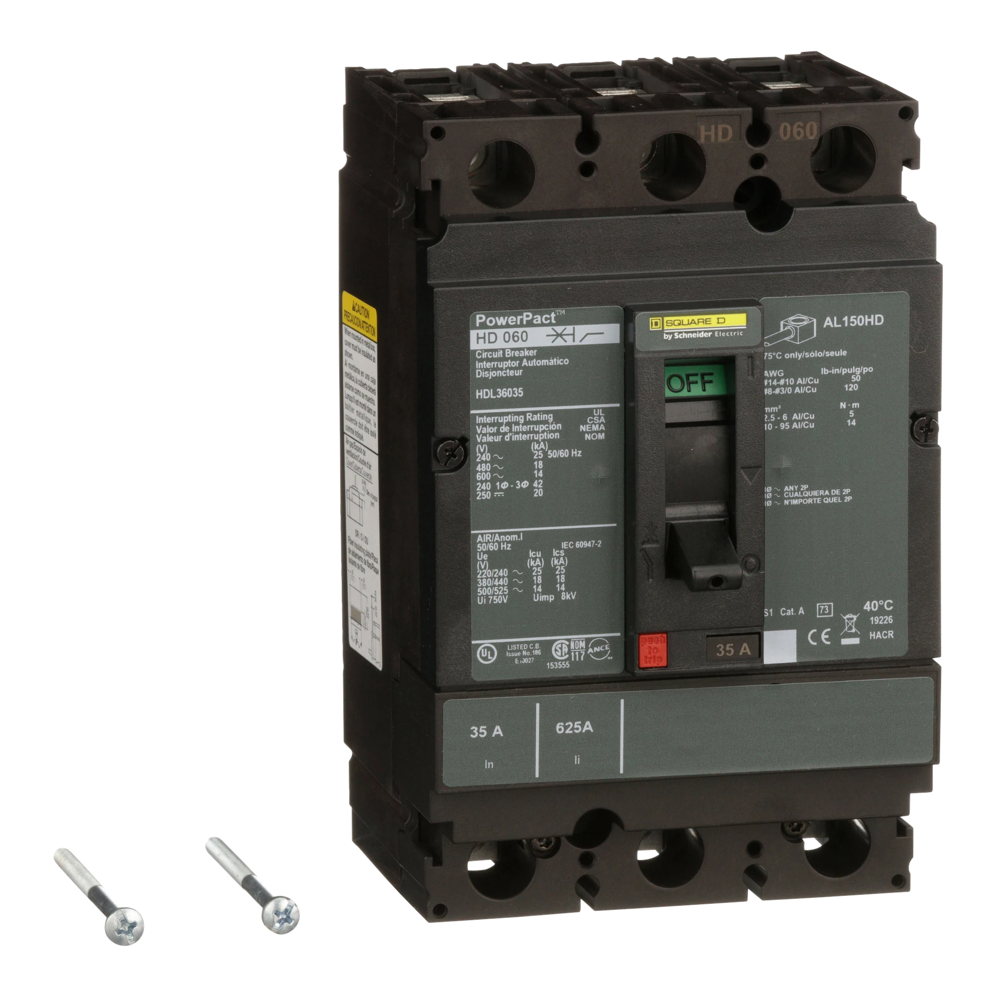 Schneider Electric HDL36035 Compact power circuit breaker PowerPacT H, TMD 35A, 3P, 14kA/600V AC, 80% rated (img_001)