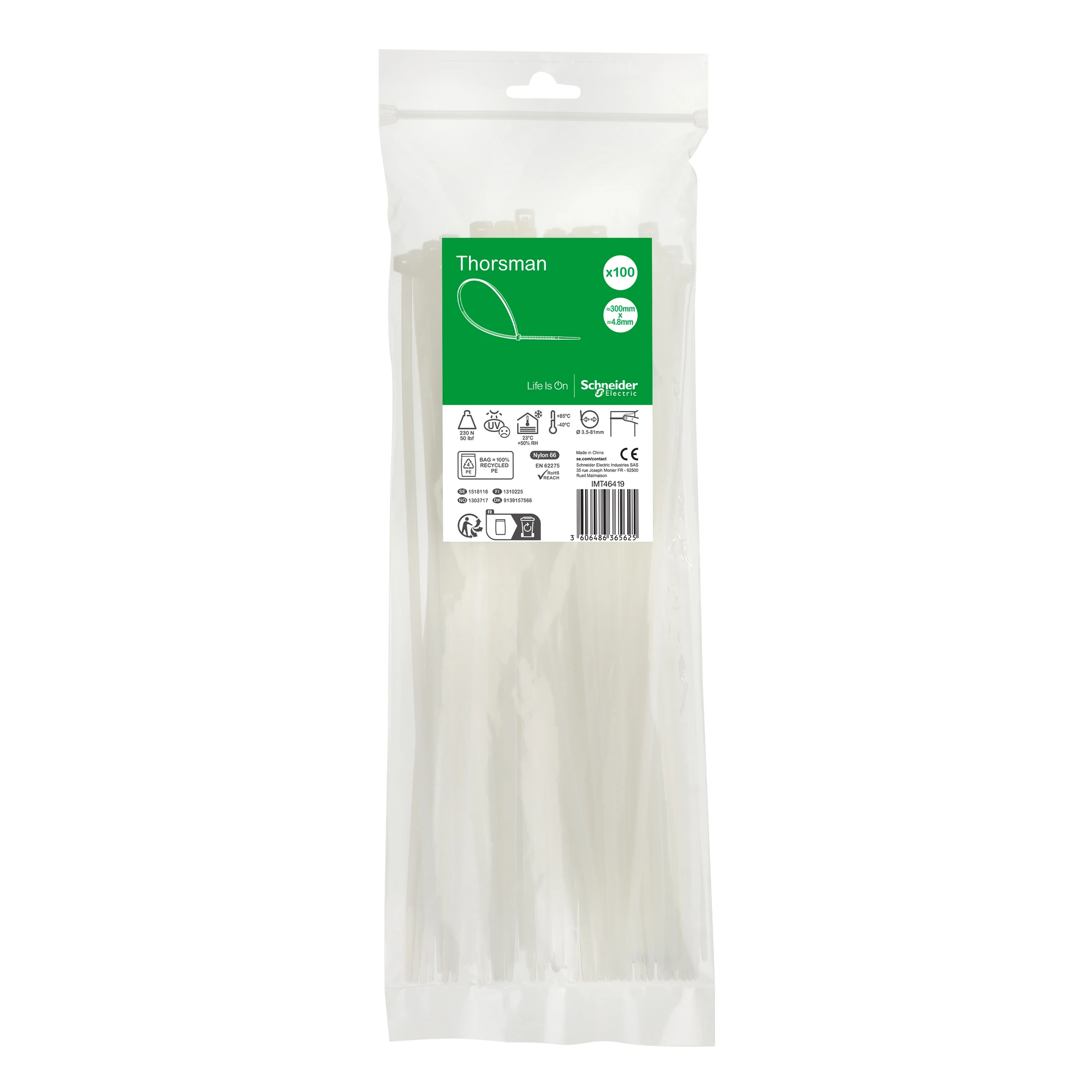 Schneider Electric IMT46419 Thorsman Cable Ties, Dimension: 300X4.8 mm, Pack of 100 Pieces Color: clear (img_001)