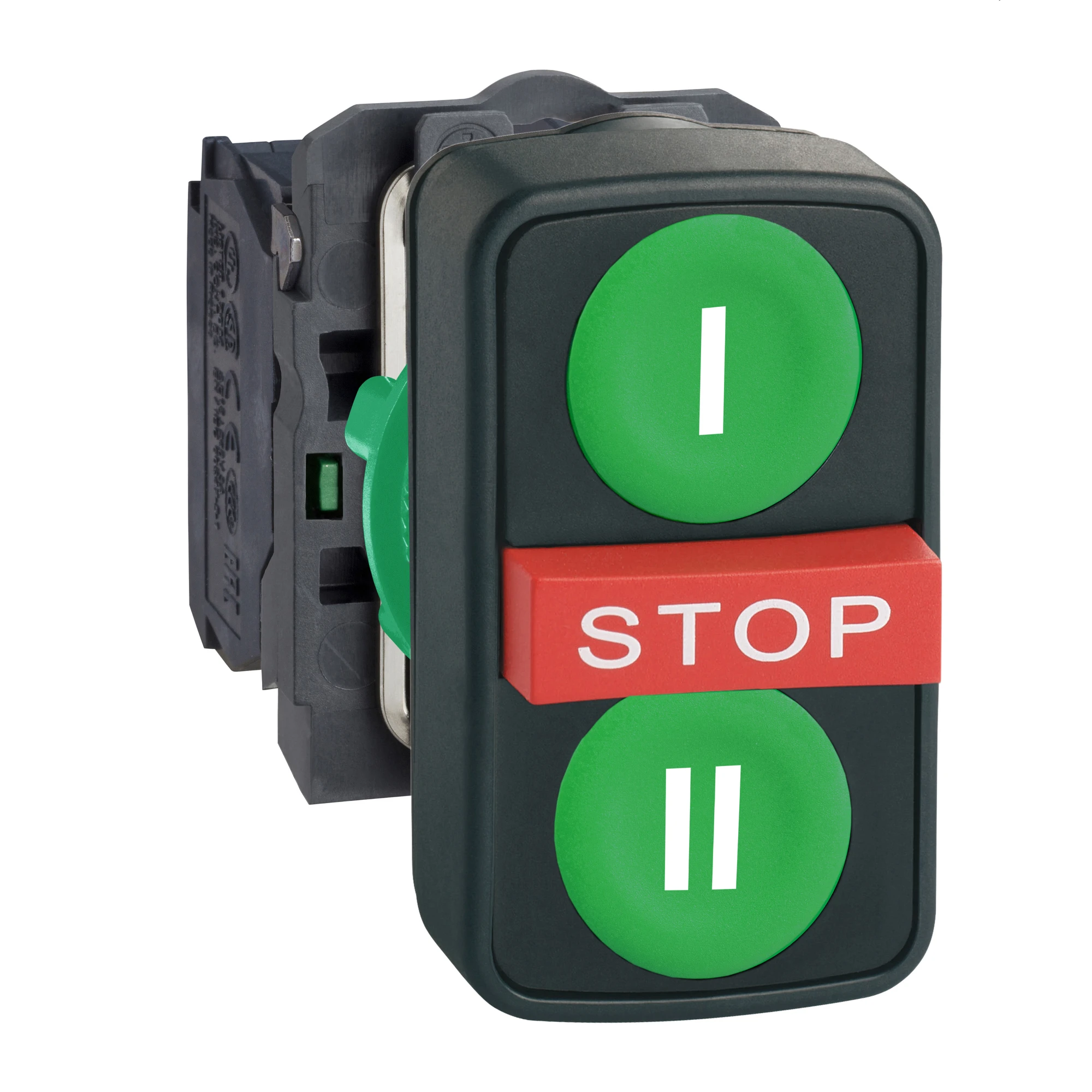 Schneider Electric XB5AA731327 Triple push-button, Harmony XB5, plastic, green I, red STOP, green II, 22mm, momentary, 1NO + 1NC + 1NO (img_001)