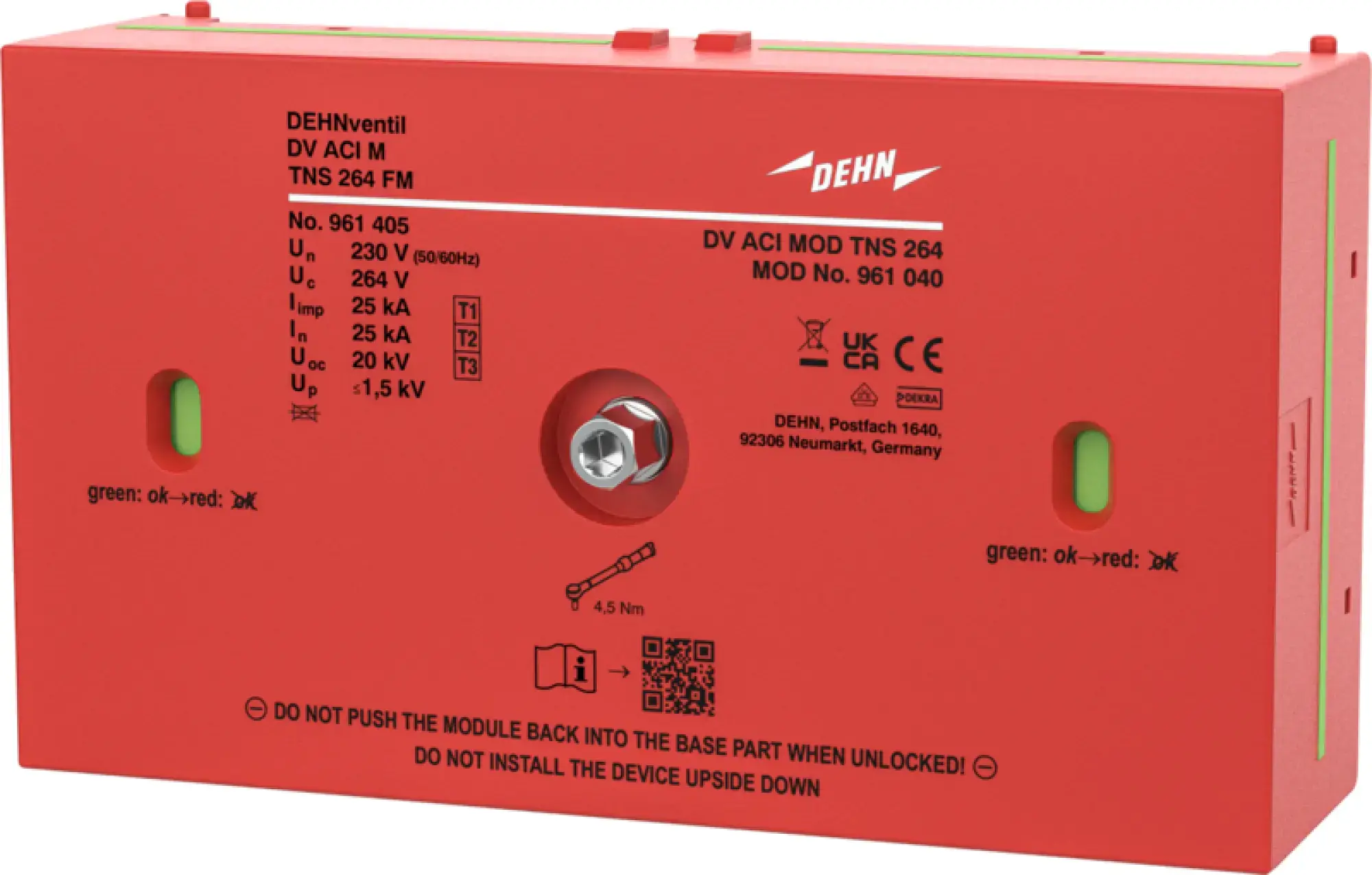 Dehn 961040 Kombi-Ableiter Typ 1+2+3 DEHNventil ACI vierpolig fuer TN-S-Systeme mit FM (img_001) Dehn 961040 Kombi-Ableiter Typ 1+2+3 DEHNventil ACI vierpolig fuer TN-S-Systeme mit FM (img_001)
