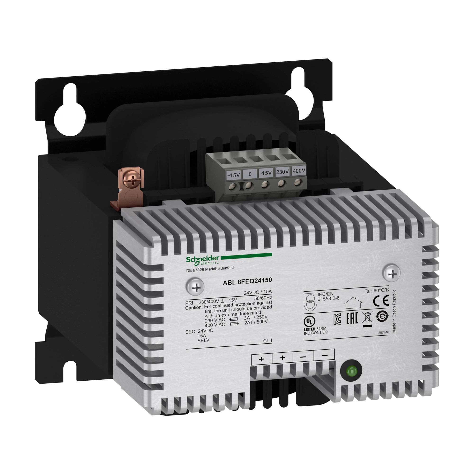 Schneider Electric ABL8FEQ24150 Power Supply, Modicon ABL8, Rectified, Filtered, 1-/-phase, 230-400V AC, 24V DC, 15A, 360W (img_001)
