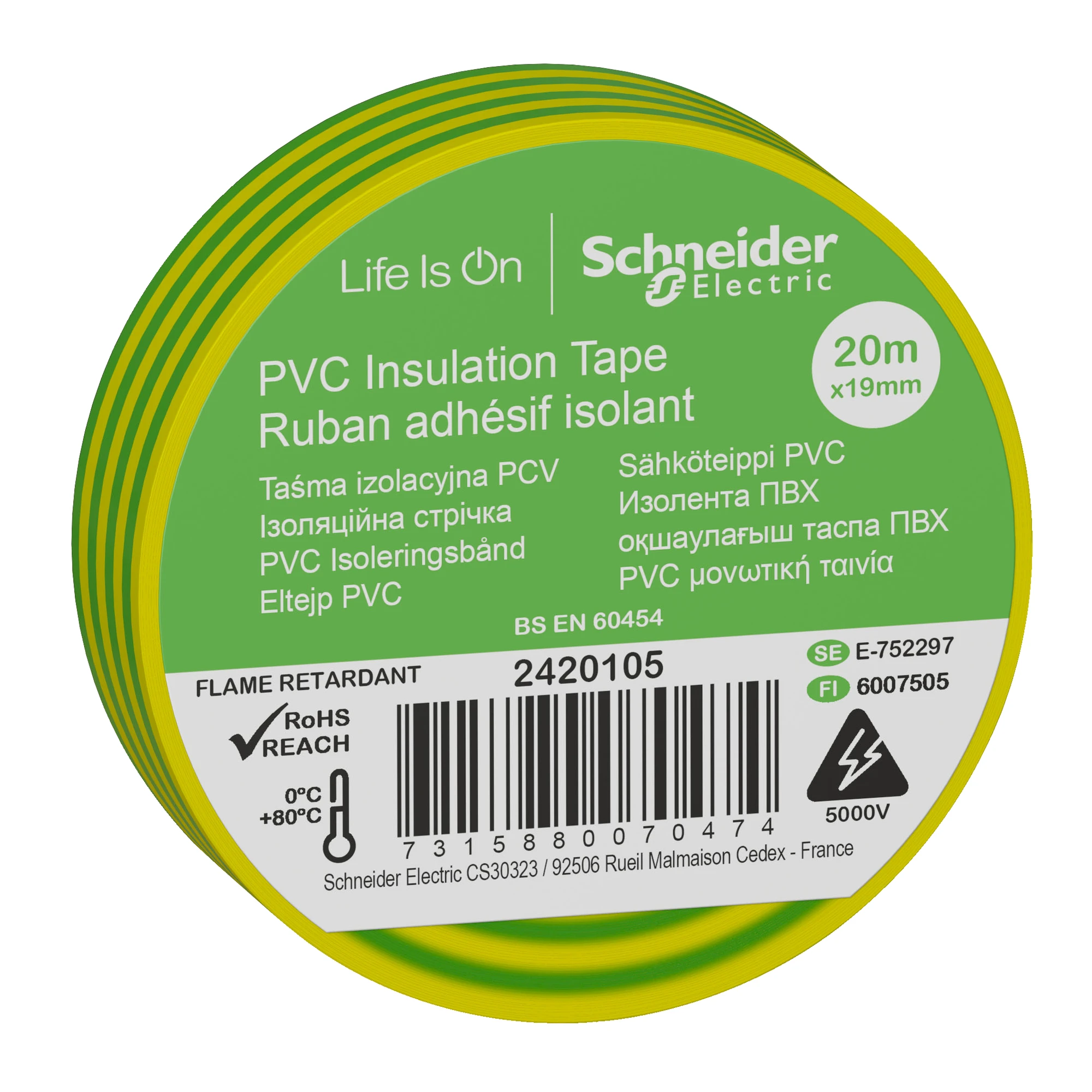 Schneider Electric 2420105 PVC Insulating Tape W=19mm, Length: 20m, Color: green/yellow, (PU=8 Rolls) (img_001) Schneider Electric 2420105 PVC Insulating Tape W=19mm, Length: 20m, Color: green/yellow, (PU=8 Rolls) (img_001)