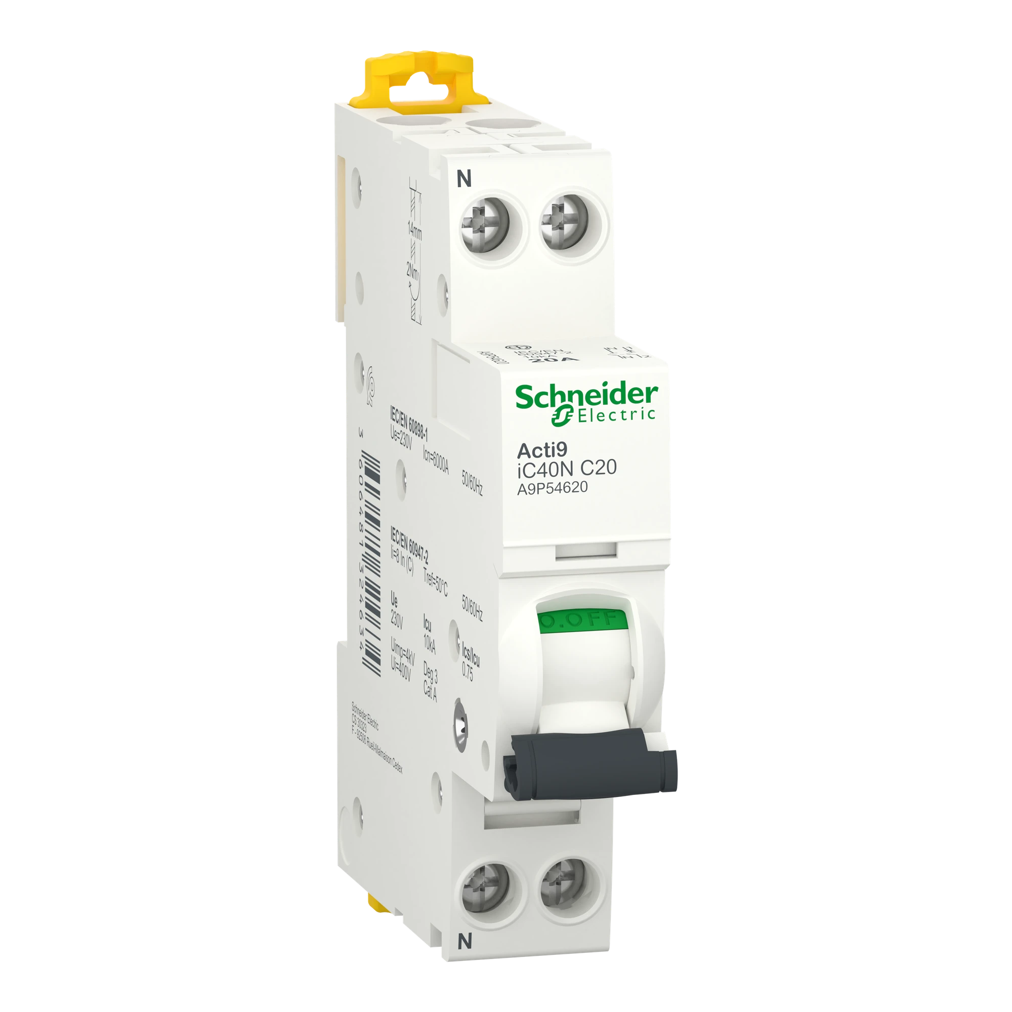 Schneider Electric A9P54620 Acti9 iC40N - Circuit Breaker - 1P+N - 20A - C Curve - 6kA/10kA (img_001) Schneider Electric A9P54620 Acti9 iC40N - Circuit Breaker - 1P+N - 20A - C Curve - 6kA/10kA (img_001)