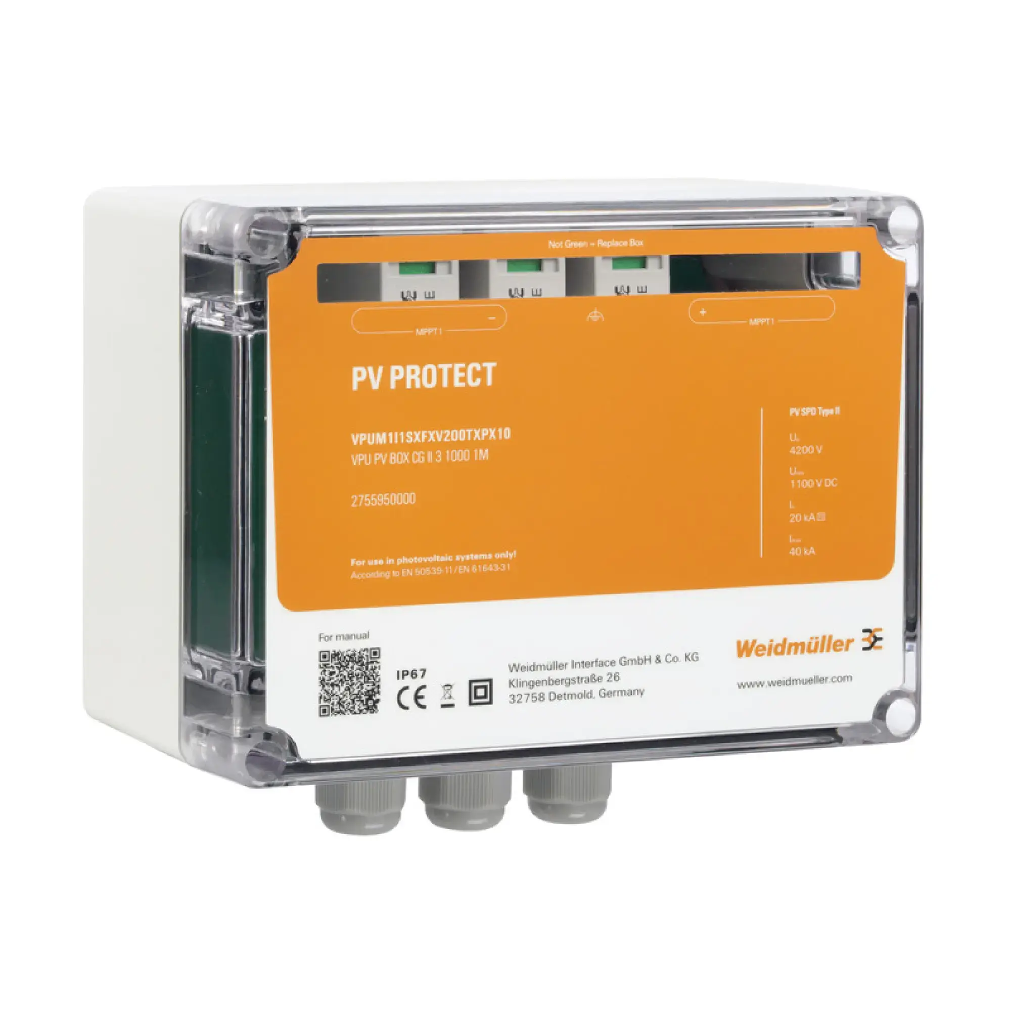 Weidmüller 2755970000 Surge voltage arrester (DC Systems), Amount of maximum power points (MPP): 1, Number of string inputs per MPP: 1, Type I/II, 1000 V, PUSH IN with actu (img_001)