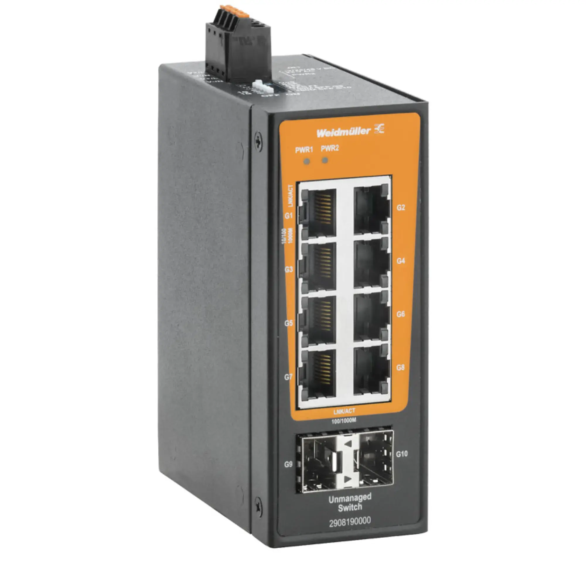 Weidmüller 2908190000 Network switch (unmanaged), unmanaged, Gigabit Ethernet, Number of ports: 8x RJ45, 2x 100/1000BaseSFP Slot, -40 °C...75 °C, IP30 (img_001)