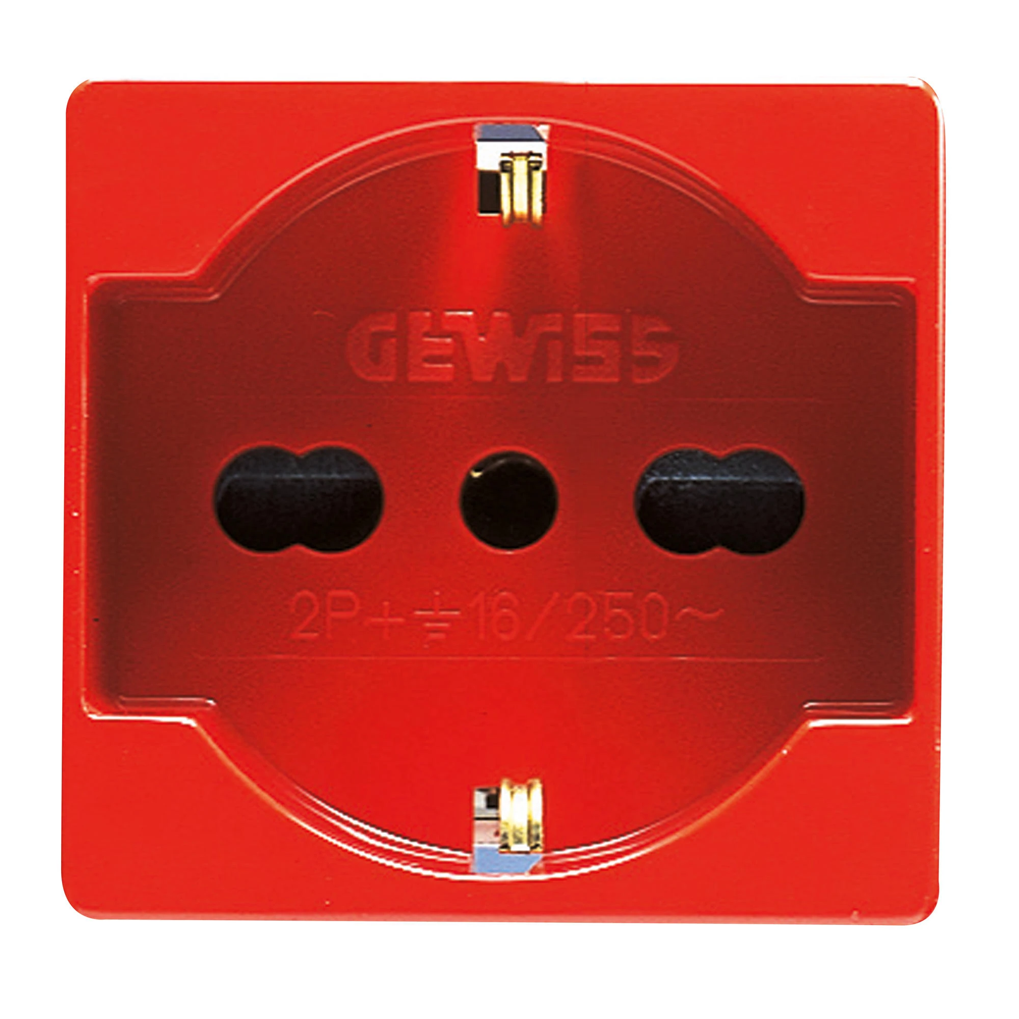 GEWISS GW20296 ITALIAN/GERMAN STANDARD SOCKET-OUTLET 250V ac - FOR DEDICATED LINES - 2P+E 16A DUAL AMPERAGE - P40 - 2 MODULES - RED - SYSTEM (img_001)