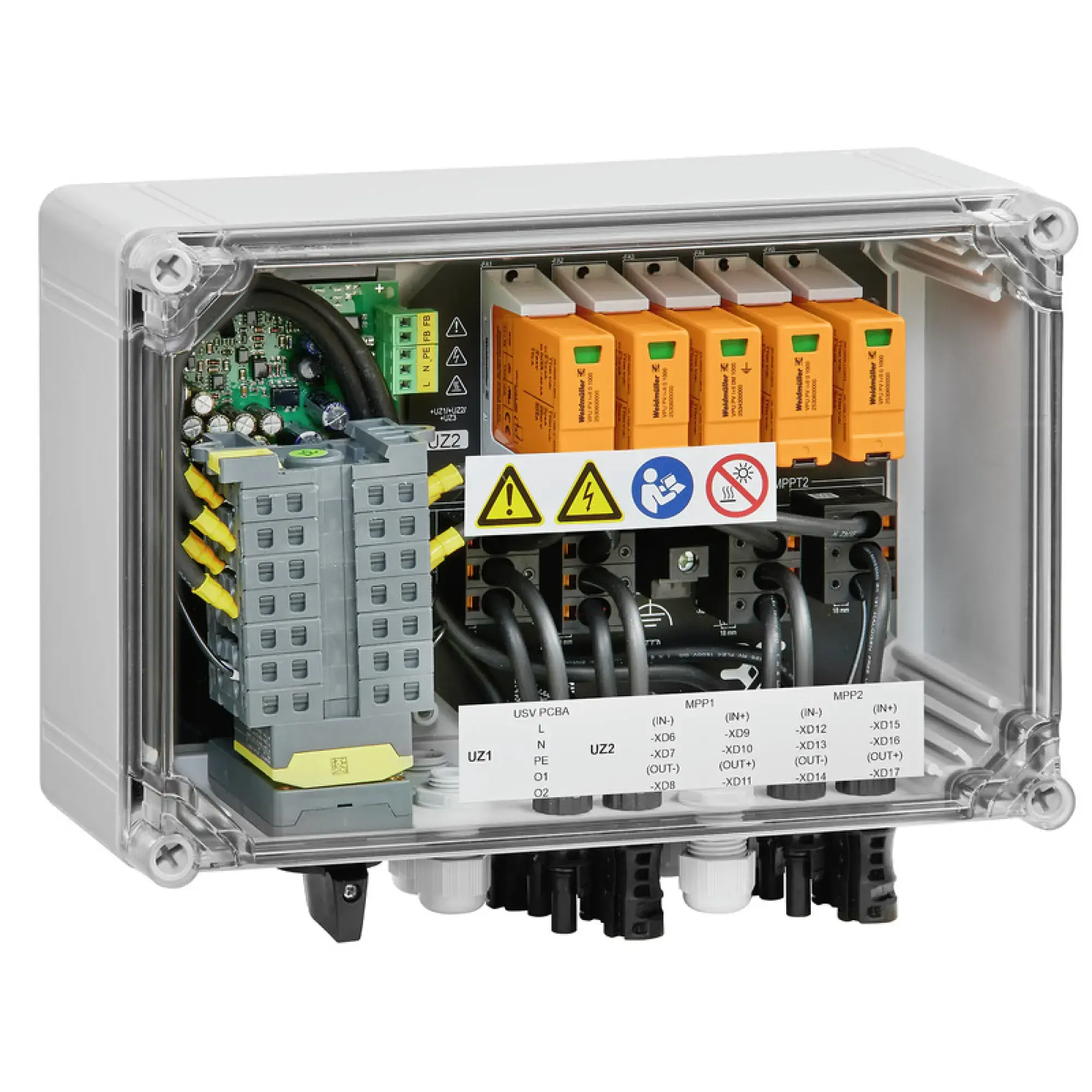 Weidmüller 8000098970 Combiner Box (Photovoltaik), 1100 V, 2 MPP's, 2 Inputs / 1 Output per MPP, Surge protection I / II, Remote disconnector, MC4-Evo 2 (img_001)