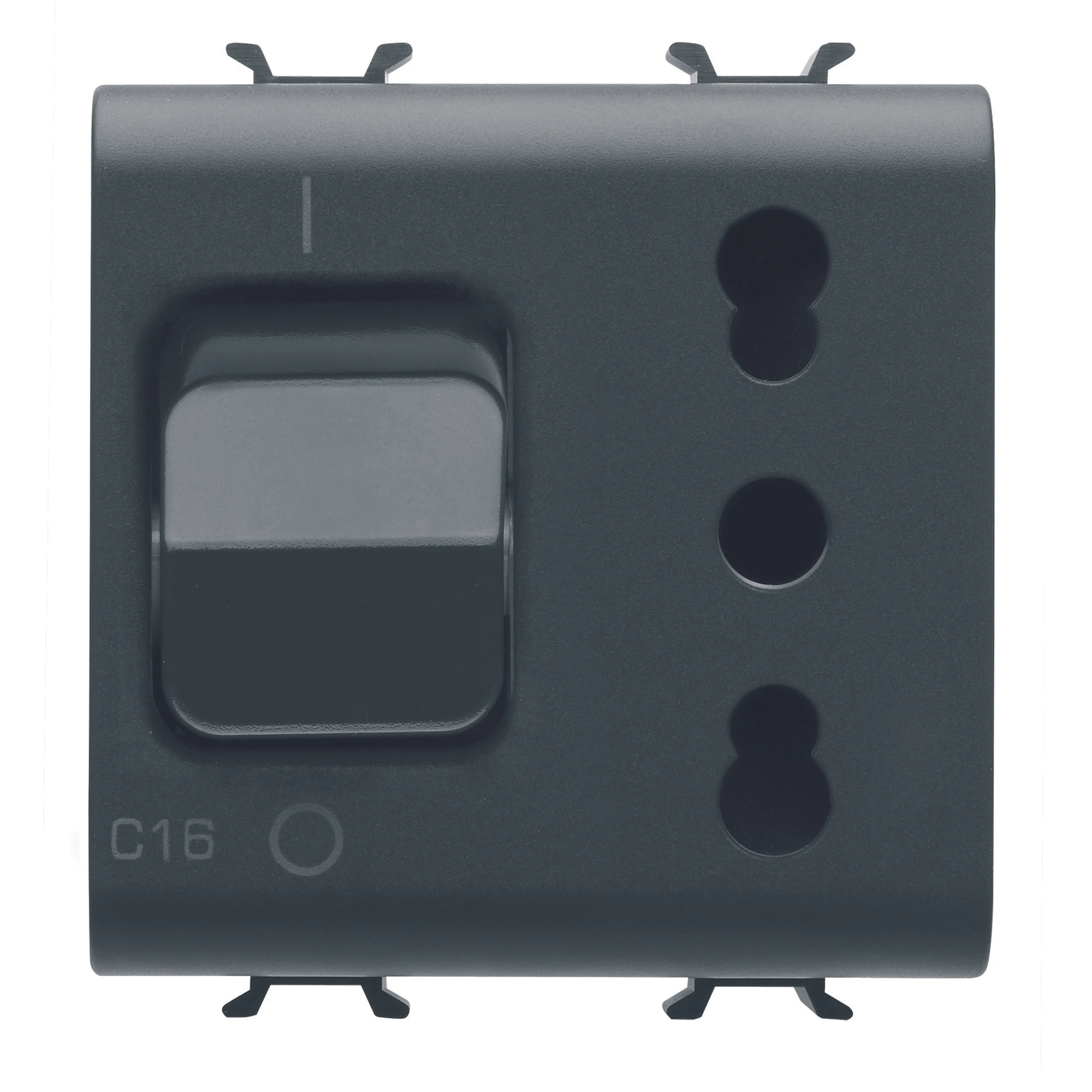 GEWISS GW12311 INTERLOCKED SWITCHED SOCKET-OUTLET - 2P+E 16A P17/P11 - WITH MINIATURE CIRCUIT BREAKER 1P+N 16A - 230V ac - 2 MODULES - SATIN BLACK - CHORUSMART. (img_001)