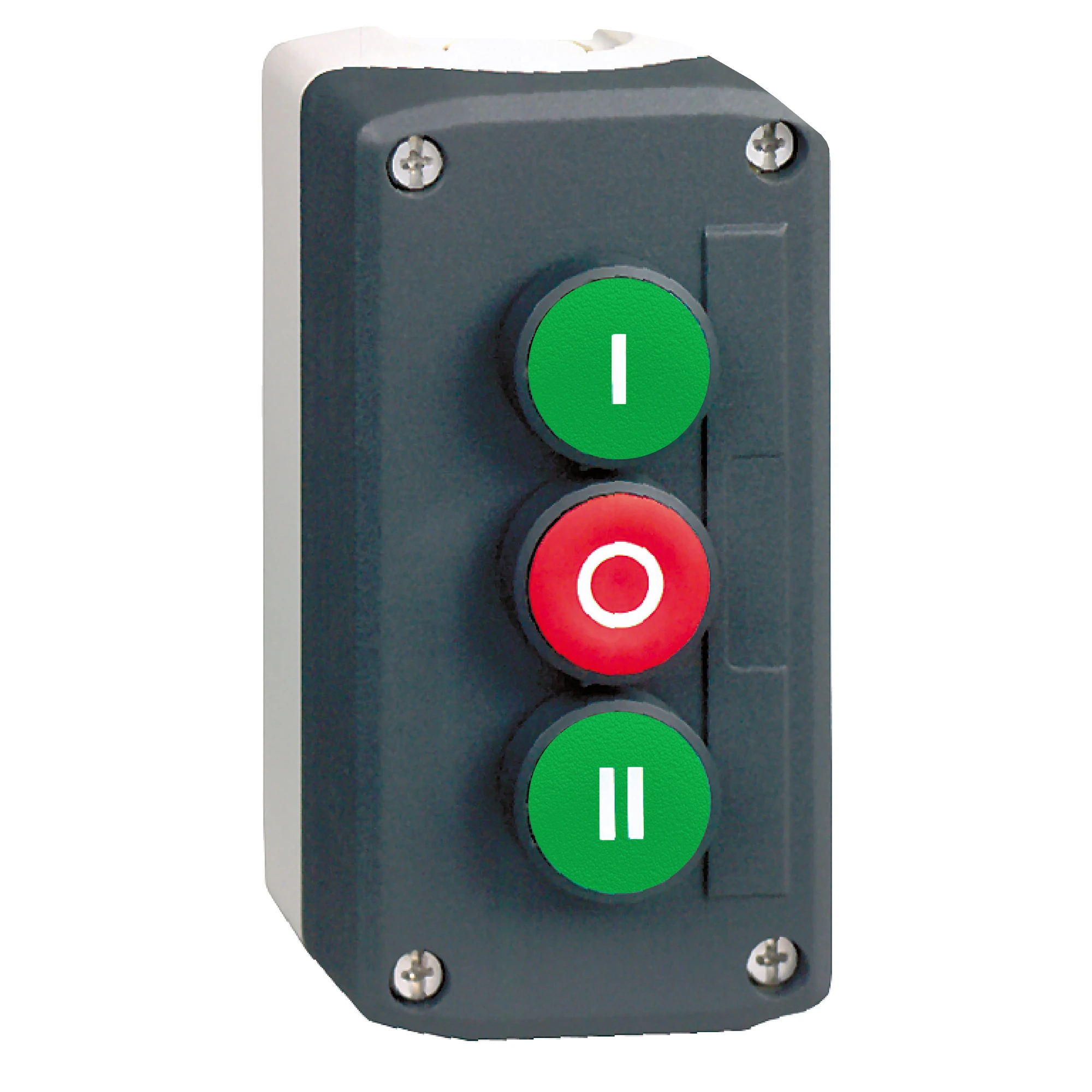 Schneider Electric XALD339 Surface mounting enclosure, Harmony XALD, plastic, dark grey, 3 push-buttons, white, red, black, I-O-II, 22mm, 2NC+1NO (img_001) Schneider Electric XALD339 Surface mounting enclosure, Harmony XALD, plastic, dark grey, 3 push-buttons, white, red, black, I-O-II, 22mm, 2NC+1NO (img_001)