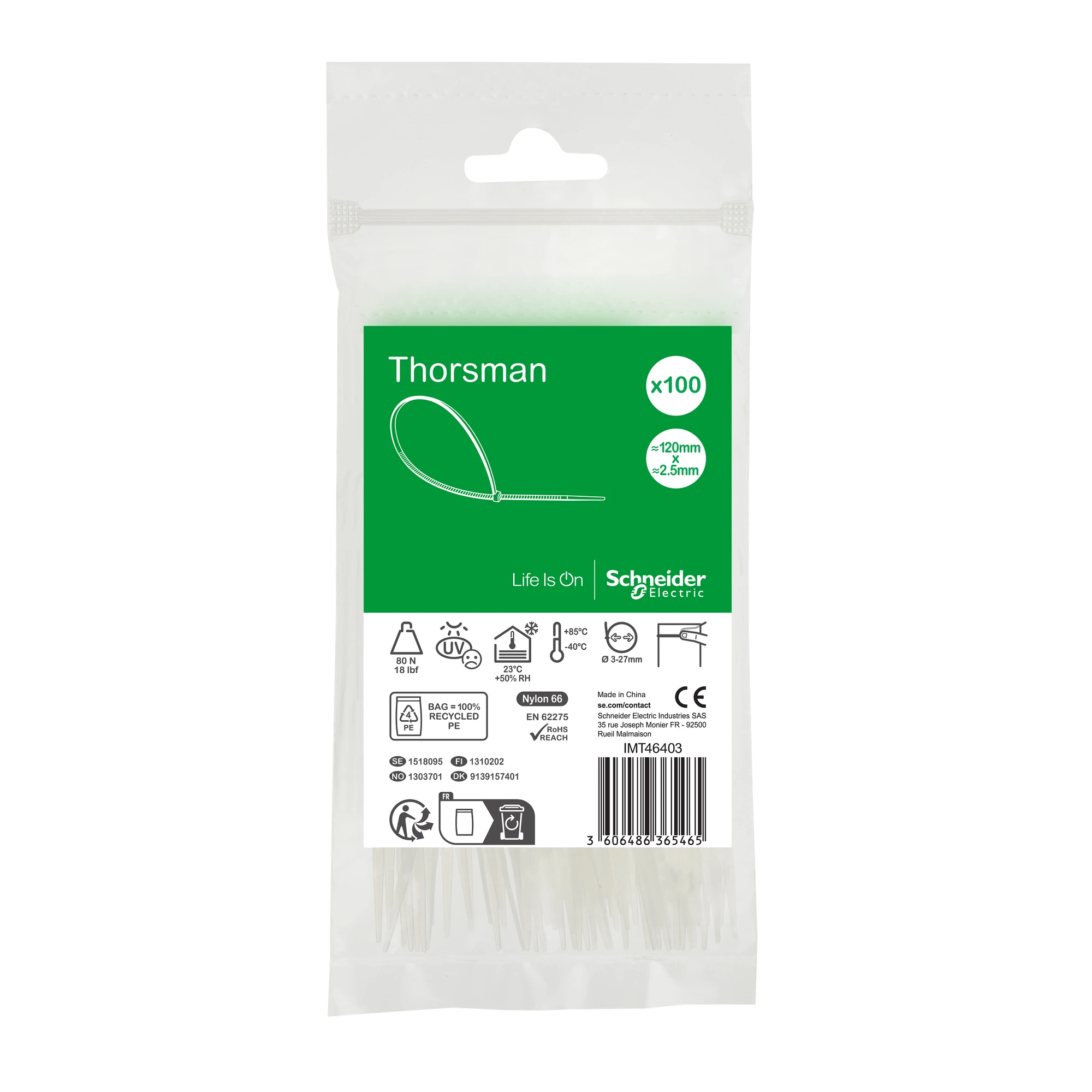 Schneider Electric IMT46403 Thorsman Cable Ties, Dimension: 120X2.5 mm, Pack of 100 Pieces Color: clear (img_001)